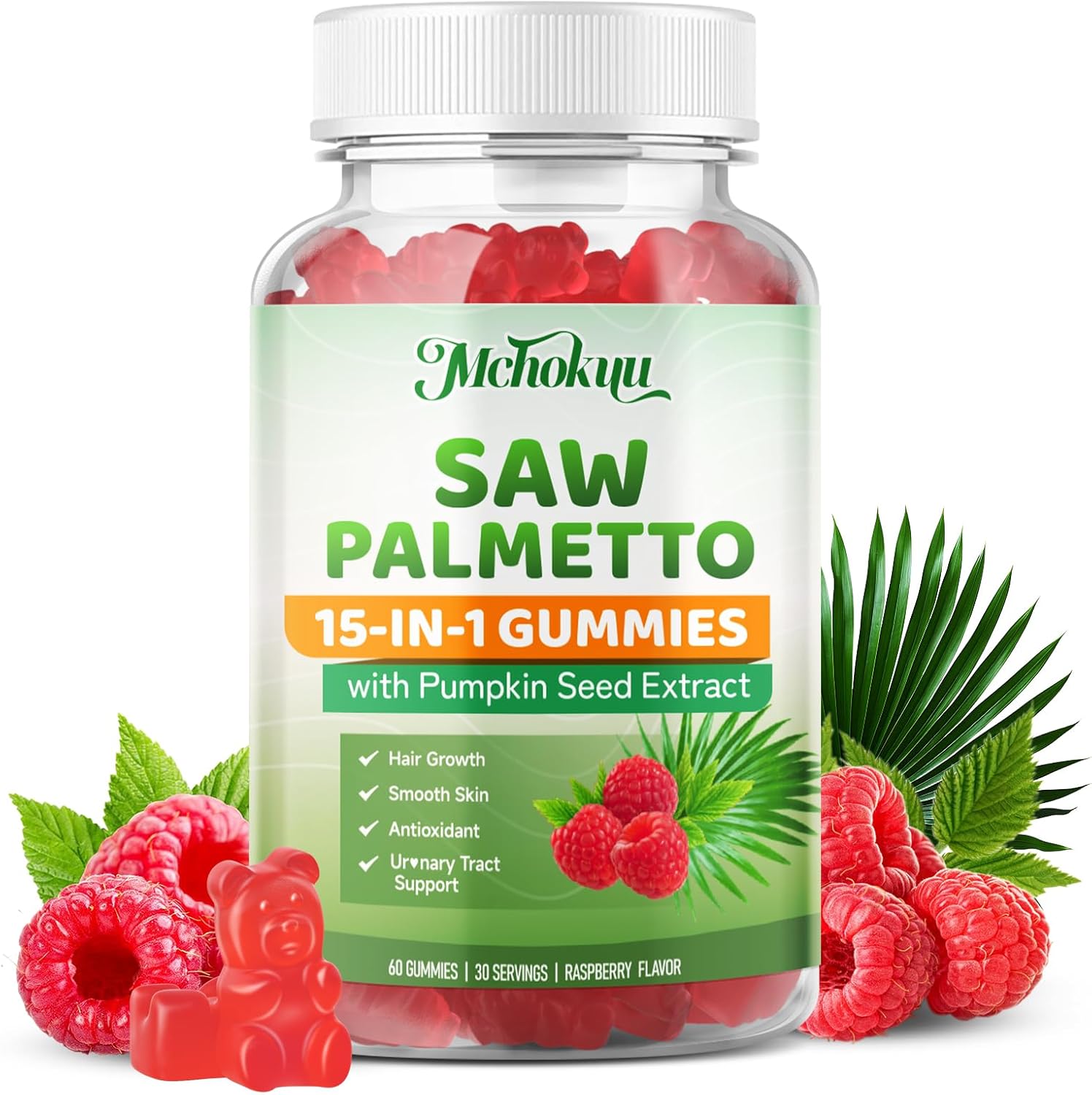 Saw Palmetto Gummies 600mg for Men & Women – Pumpkin Seed Oil Gummies with Saw Palmetto Supplement for Hair Growth & Skin Health, DHT Blocker - Sugar Free, Non-GMO, Raspberry Flavor 60 Count