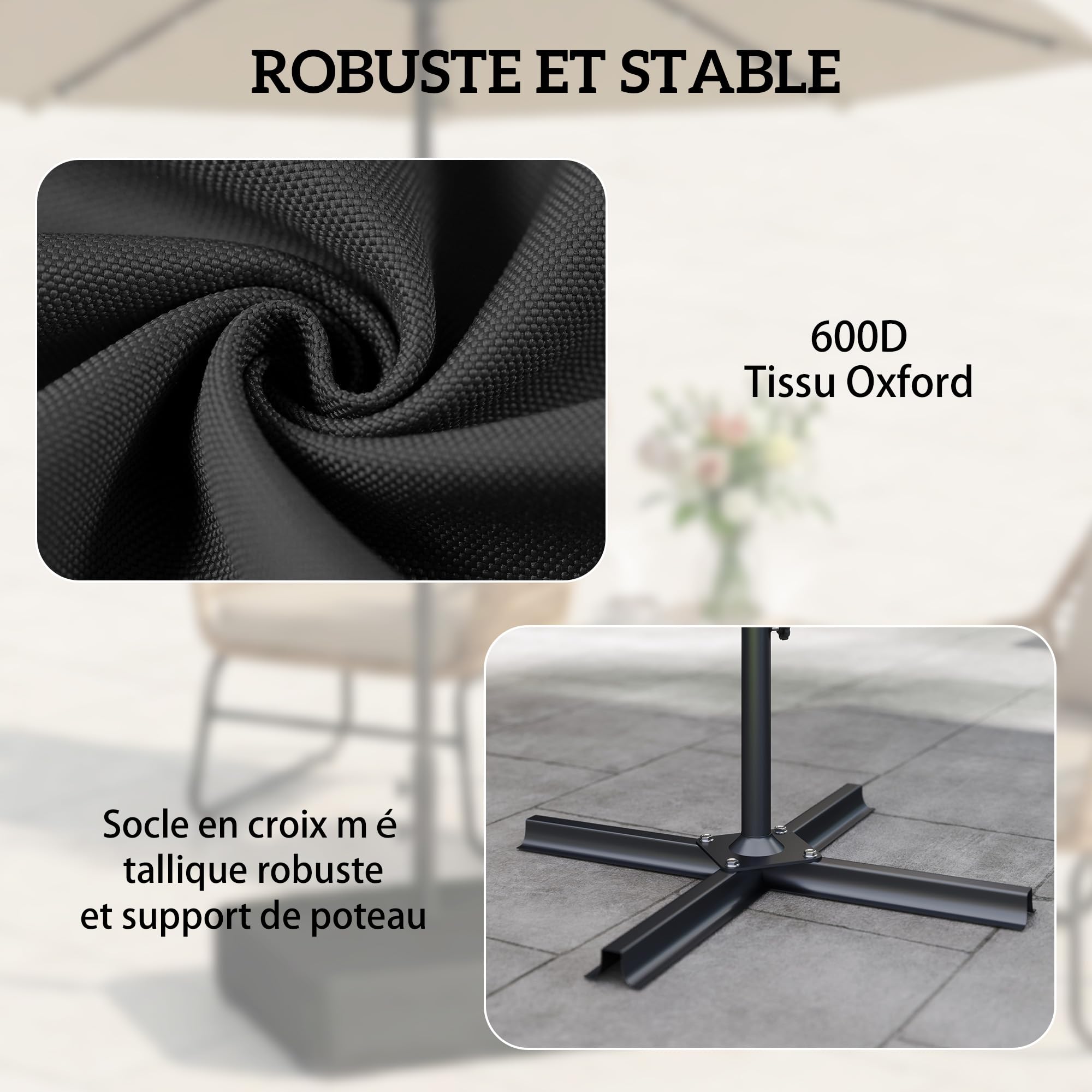 Outsunny Pied de Parasol avec Housse, Socle Parasol extérieur à remplir avec 80kg Sable ou 90kg de Sable Humide, pour mât Ø48mm, Base de Parasol déporté pour Jardin Patio terrasse, 78x78x40cm, Noir