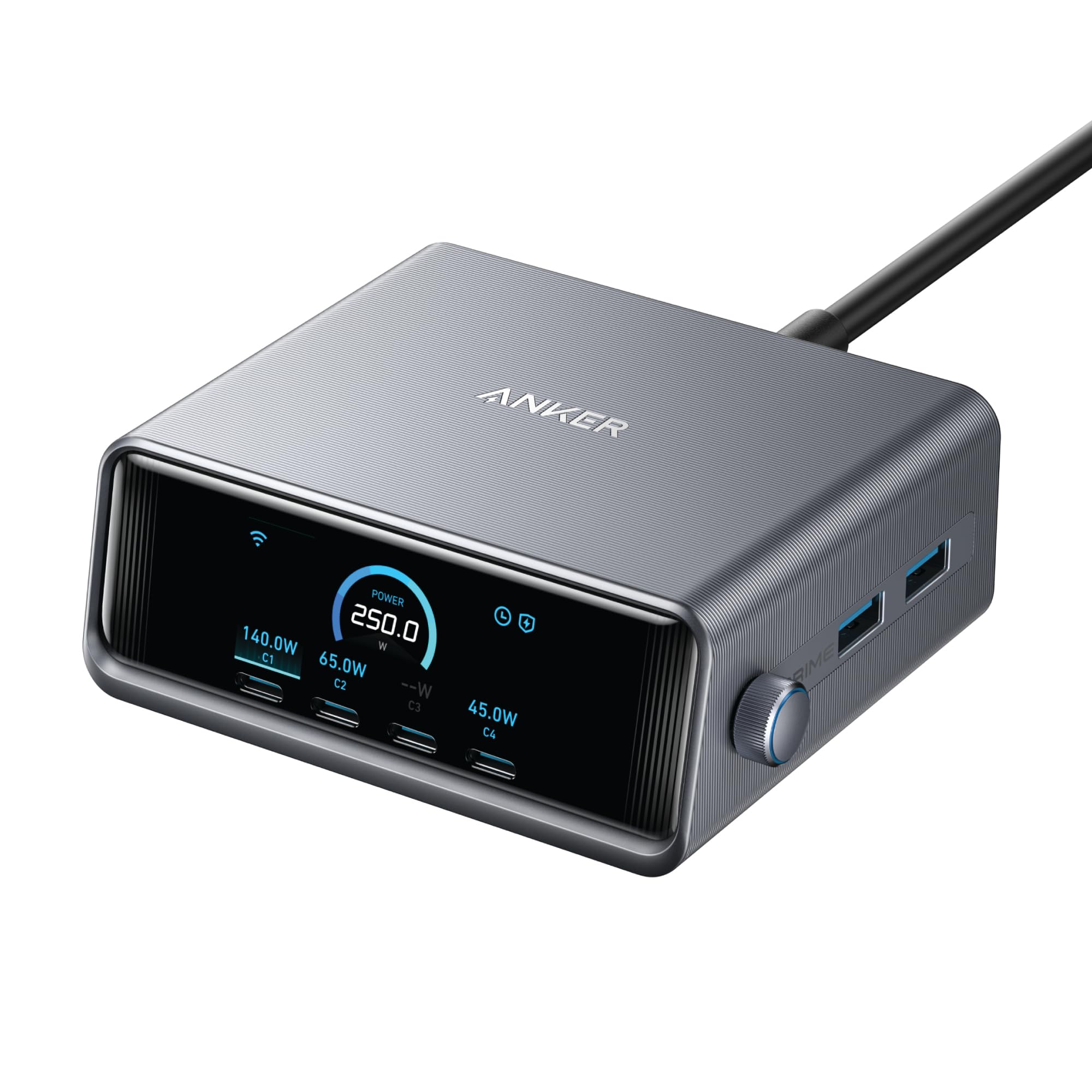 Anker Prime 250W USB C Charger, Ultra-Fast 6-Port GaN Charging Station, 2.26" LCD Display and Smart Control Dial, Compatible with MacBook Pro/Air, iPhone 17/16/15, Huawei, Samsung, iPad and More