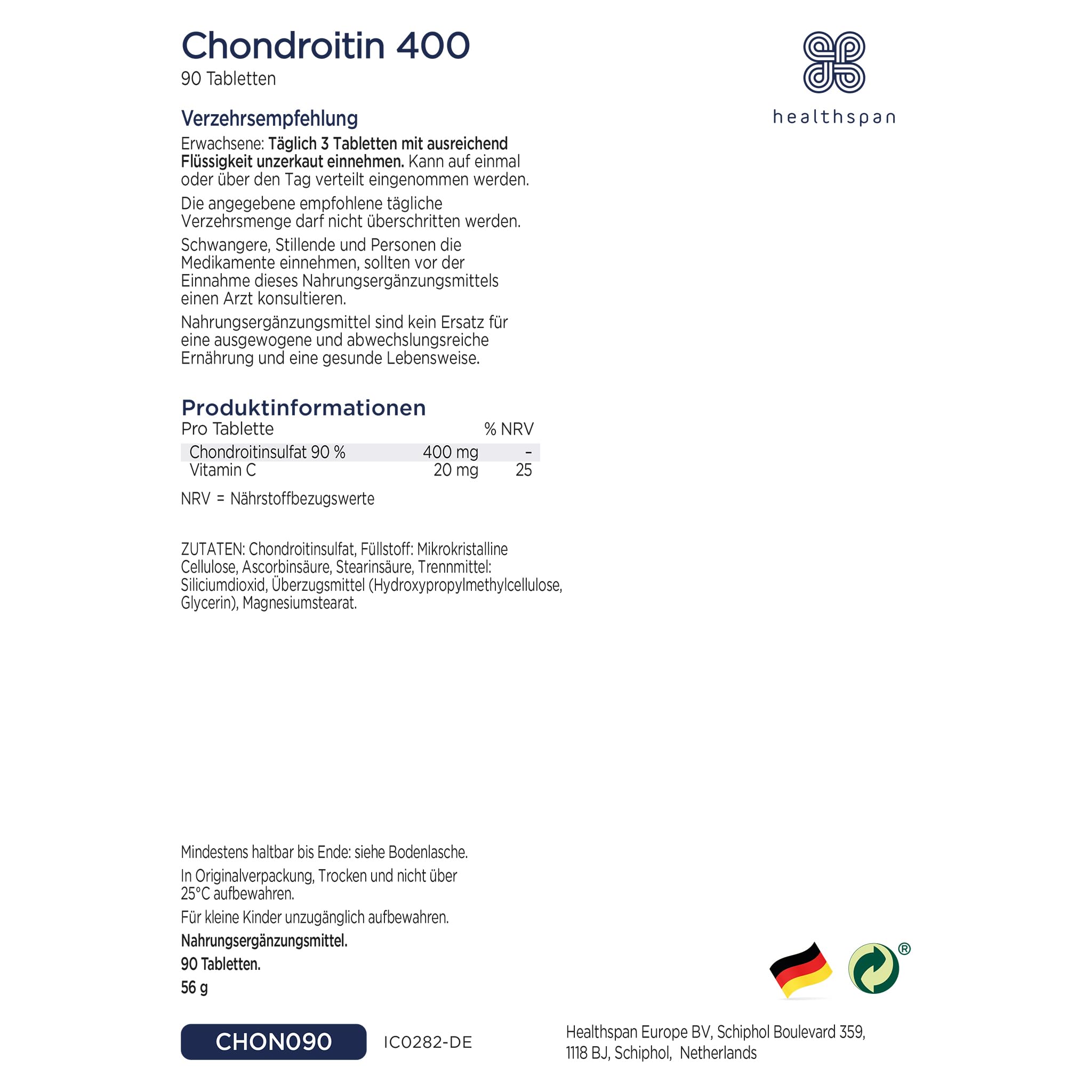 Healthspan Chondroitin | Hochwertige Formulierung mit 90% reinem Chondroitinsulfat | Unterstützt die Gelenkgesundheit mit zusätzlichem Vitamin C | Gelatinefrei | 90 Tabletten