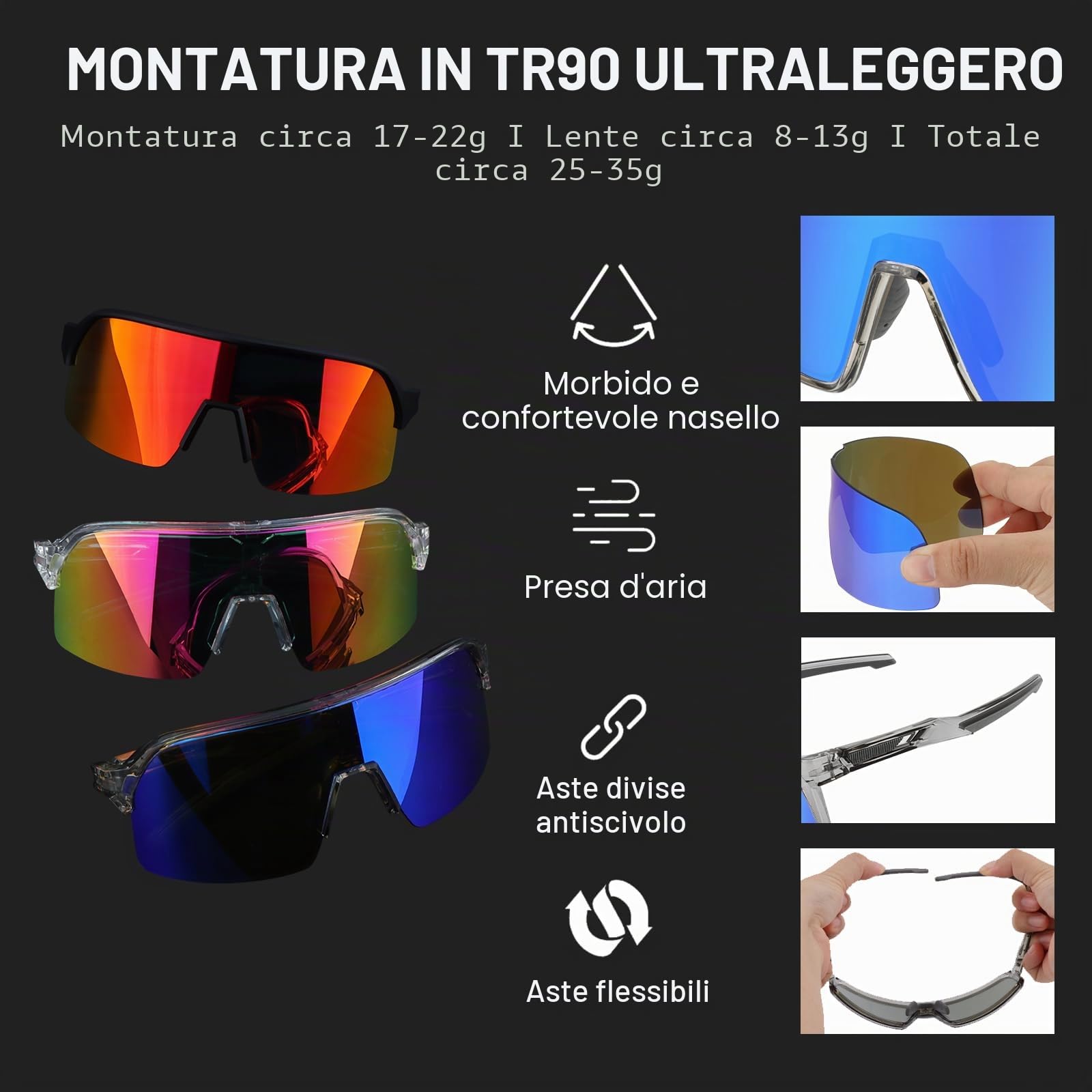 Occhiali da Ciclismo Polarizzati, Occhiali da Sole Sportivi UV400 con 3 Lenti per Uomini Donne Baseball Golf TR90