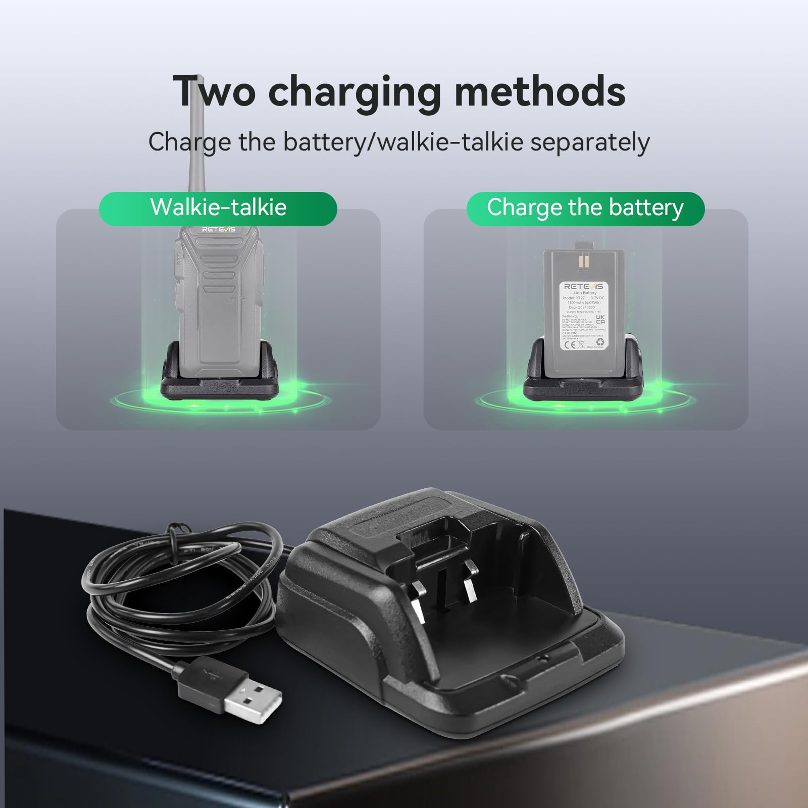Retevis RT27 Caricabatterie Base di Ricarica Originale con USB Compatibile, Nero