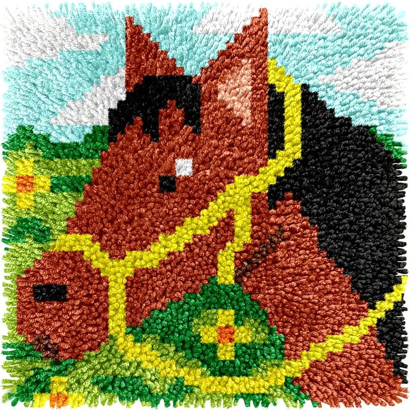 DIY Latch Hook Small Mini Rug Kits for Adults Tapestry Horse Pre-Printed Patterns Carpet Needlework Crochet Yarns Latch Hooking Mat Cushion for Home Decor 30x30cm(l56)