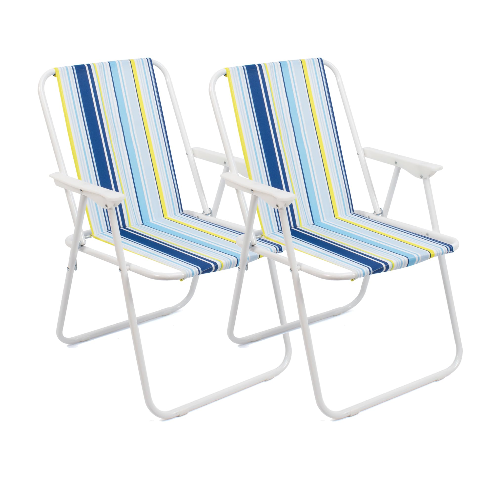 THE SECRET HOME - Pack de 2 Sillas de Playa Plegables - Silla en Metal y Poliéster - Asiento Ideal para Playa, Jardín, Terraza (Modelo 1 - Azul/Azul Oscuro/Amarillo)
