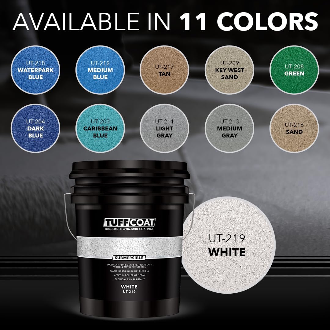 A palette of 11 available colors for Tuff Coat rubberized non-skid coatings, including Waterpark Blue, Medium Blue, Tan, Key West Sand, Green, Dark Blue, Caribbean Blue, Light Gray, Medium Gray, Sand, and White (UT-219).