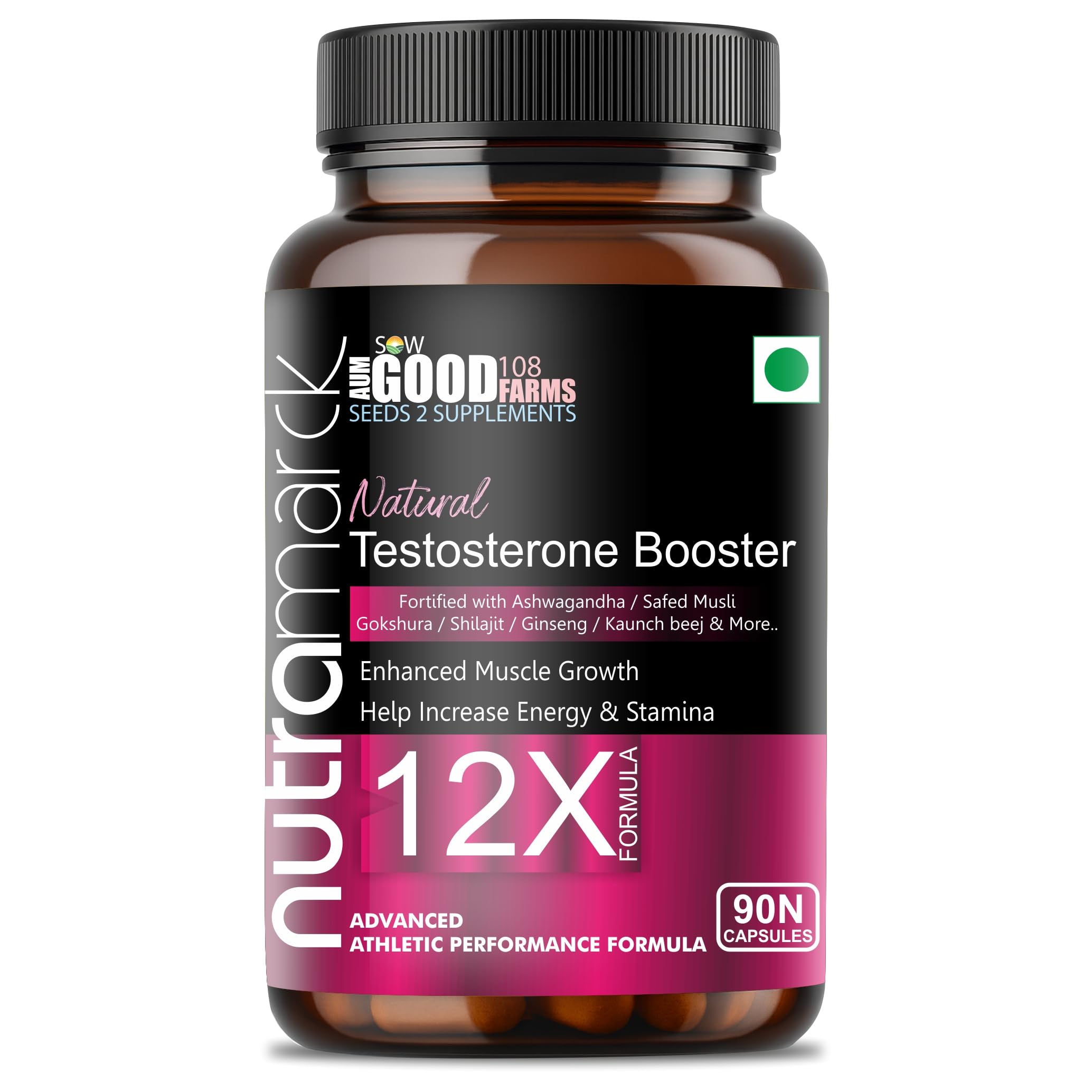 Natural Testosterone Booster Supplement 12X Capsule 1000mg with Tribulus, Kesar, Kaunch Beej & Ginseng | Muscle Growth, Energy & Vitality For Men (90 Count (Pack of 1)