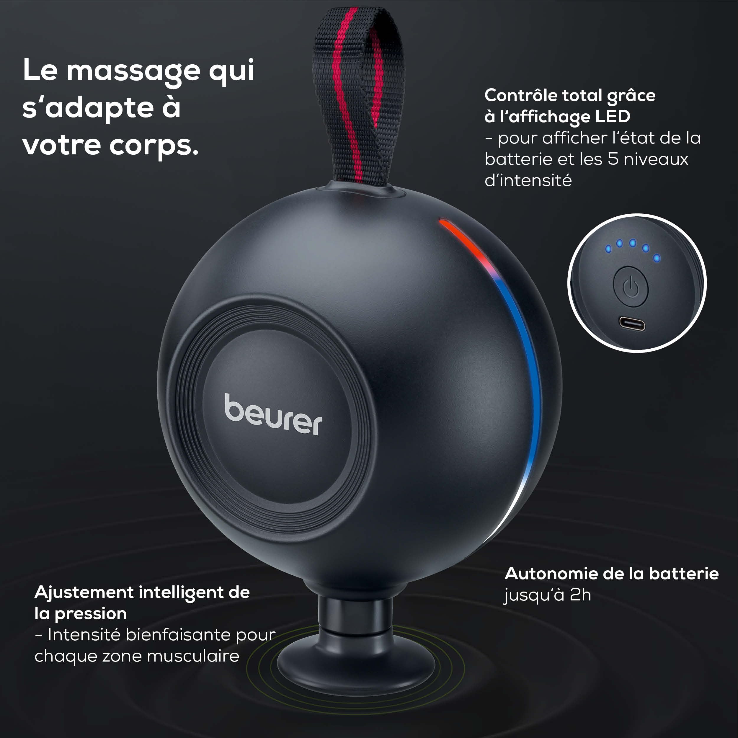 Beurer MG 101 SensorBoost Pistolet de massage, design ergonomique, massage silencieux et puissant des points de déclenchement pour la relaxation et la régénération, avec capteur de pression, 5 embouts