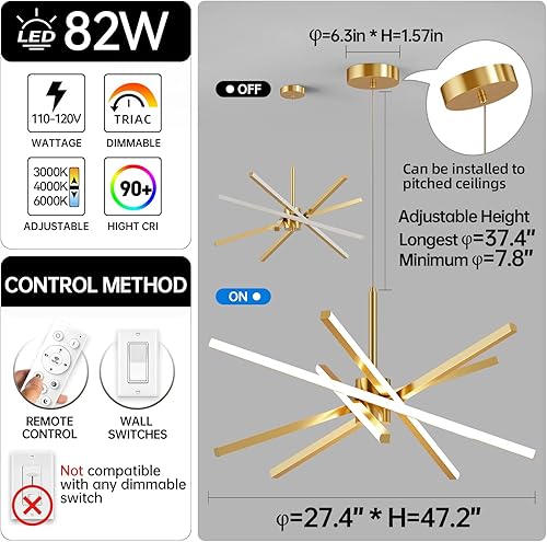 Miniatura 3 de Lámpara de techo Sputnik moderna de 82 W LED dorada, lámpara de montaje empotrada, lámparas de comedor regulables con control remoto para sala de