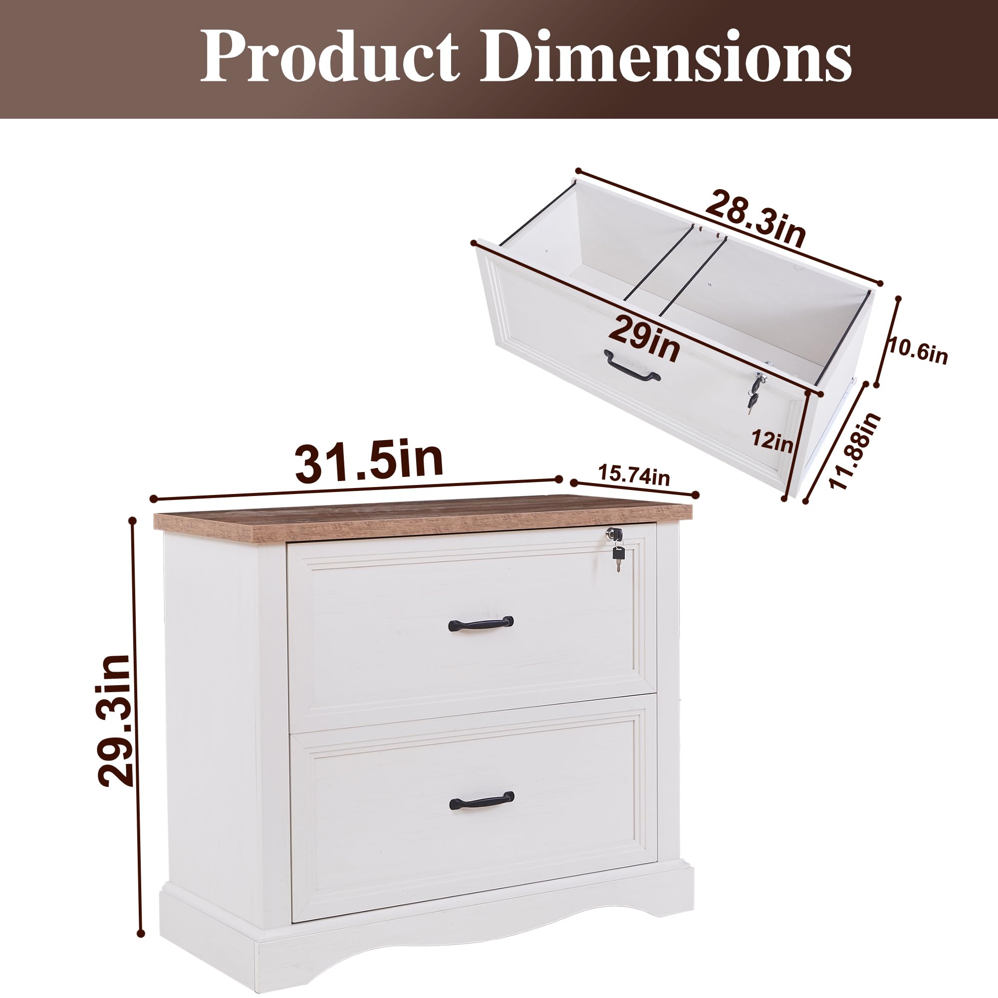Cajonera de Oficina, Cajonera de Escritorio con 2 Cajones, File Cabinet Archivador Lateral con cajón Superior con Cerradura para Oficina en casa, Compatible con tamaño Carta, Legal y A4