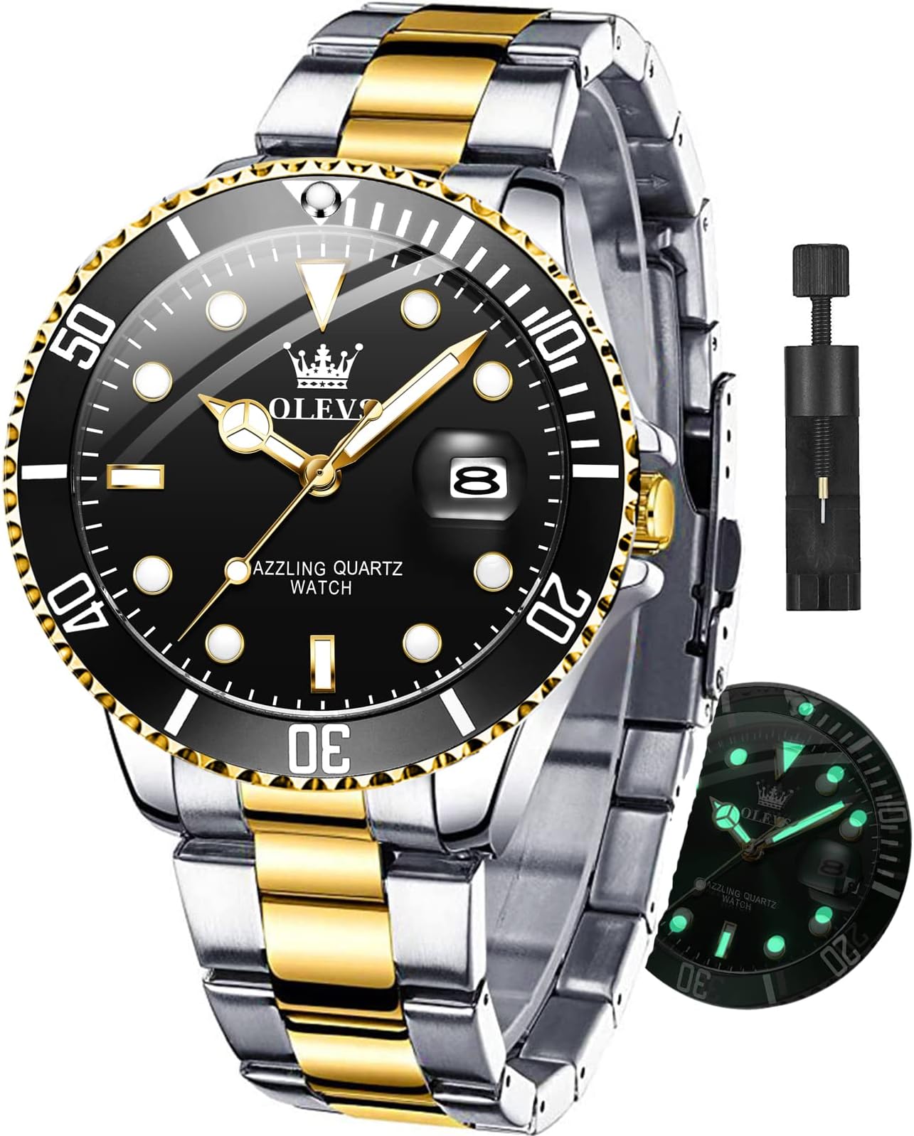 Watches for Men with Date Luxury Big Face Waterproof Mens Wristwatch Analog Dress Two Tone Stainless Steel Man Watch Luminous Relojes De Hombre Calendar(Green/Blue/Black Dial