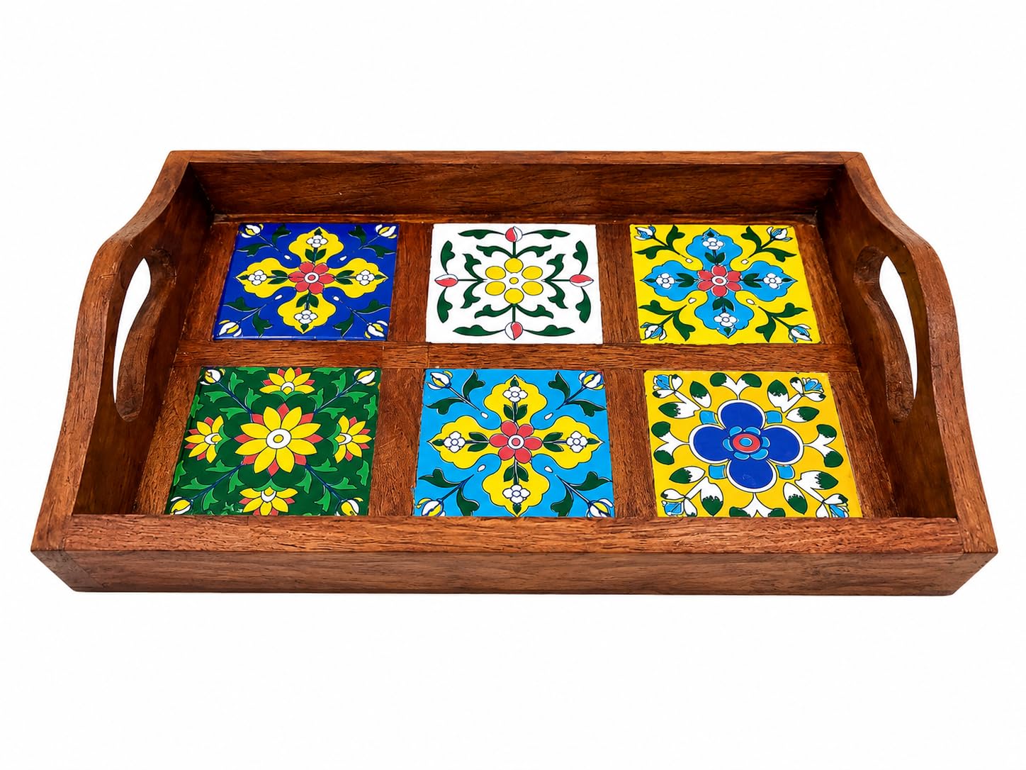 Sheesham Wood Serving Tray with Handles, Blue Pottery | Small Tray | Rectangular Wooden Trays for Tea, Dining Table, Coffee & Snacks, Organizer Tray-image-32