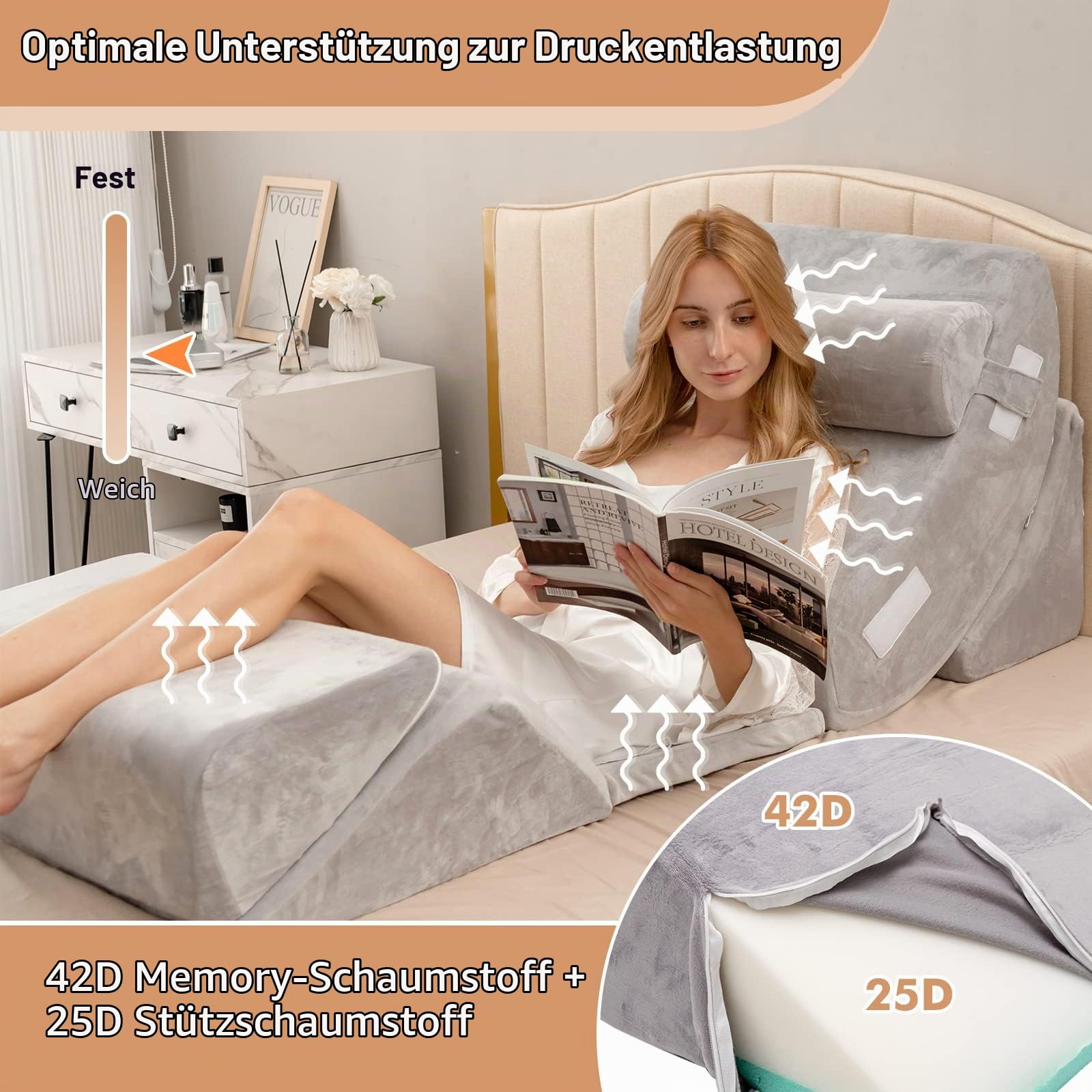 COSTWAY 6-teiliges orthopädische Kissen-Set, Memory-Schaum-Keilkissen mit Abnehmbarer Kopfstütze, bequemes und verstellbares Lesekissen Bettkeilkissen Rückenstützkissen zum Schlafen und Lesen