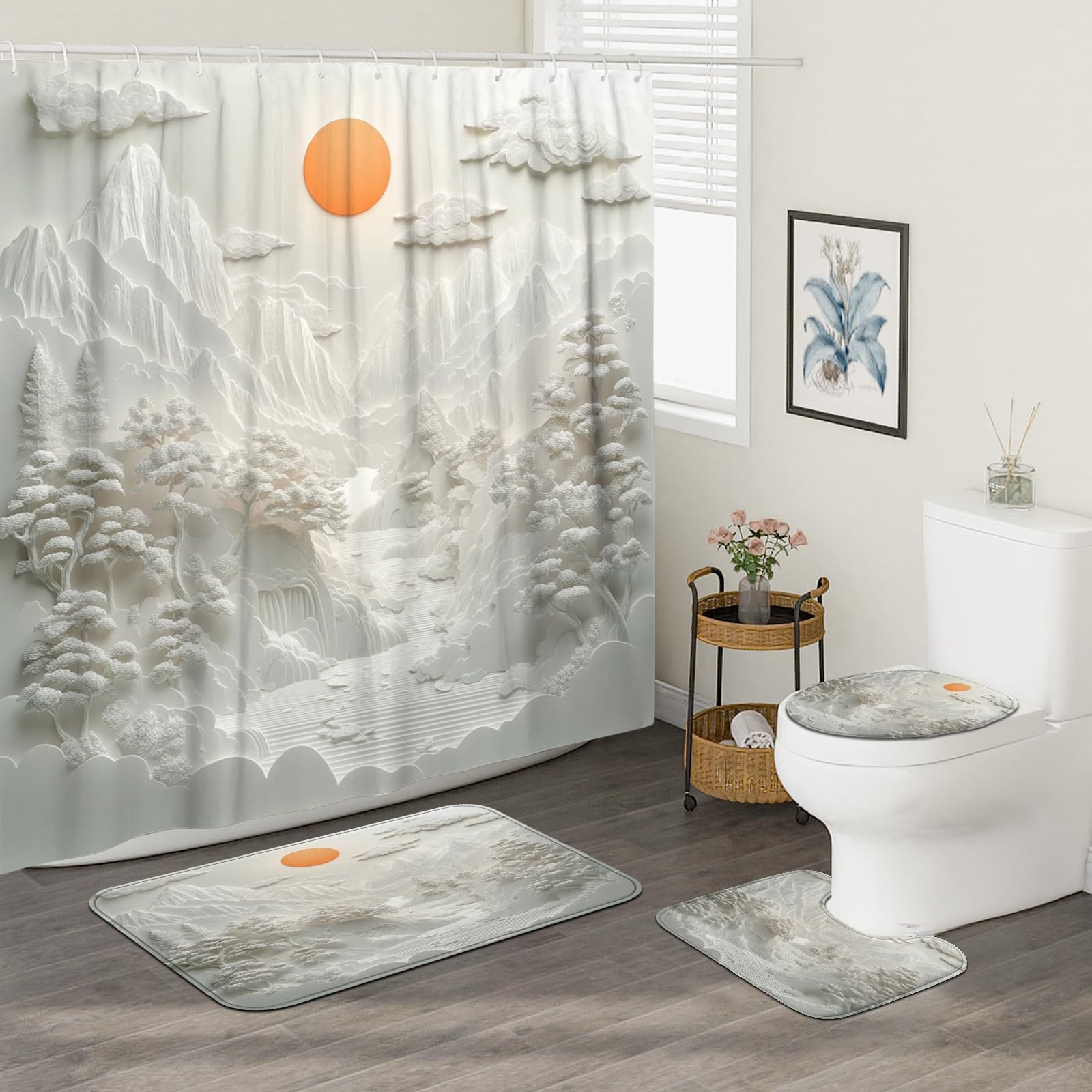 Lot de 4 rideaux de douche en forme de montagne avec tapis antidérapant, tapis en forme de U et tapis de couvercle de toilette, blanc 3D nature, ensemble d'accessoires de salle de bain, 183 x 183 cm