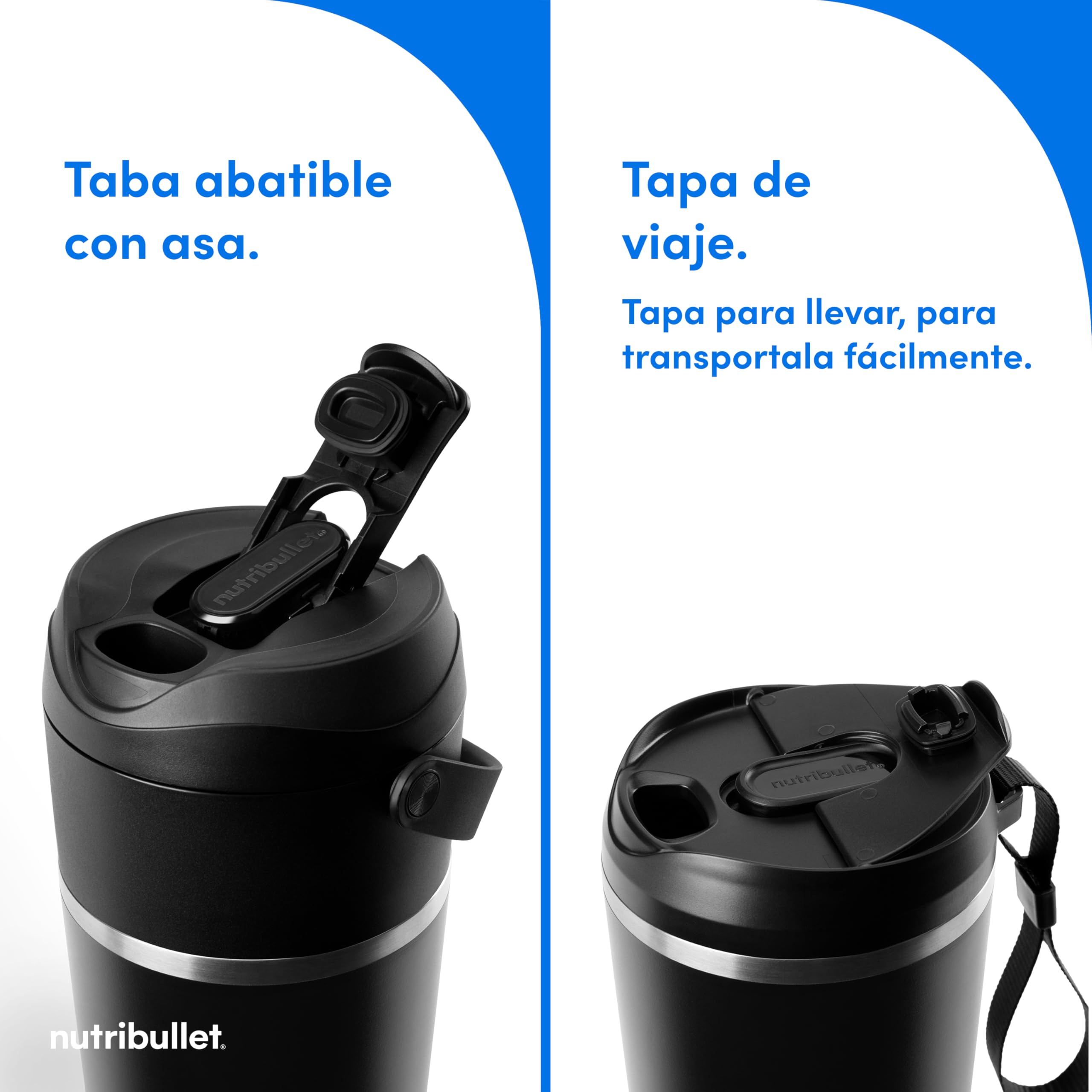 nutribullet Flip NBP016B, Licuadora Portátil con Vaso Termo de 590ml, Conserva el Frío 24h, Tritura Hielo, Incluye Tapa y Pajita, Carga USB-C, Acero Inoxidable, Negro