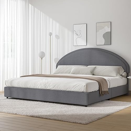Miniatura 10 de Base de cama Queen, base de cama tapizada con plataforma y esquinas redondeadas, marco de cama suave con cabecera redonda, no requiere somier, fácil