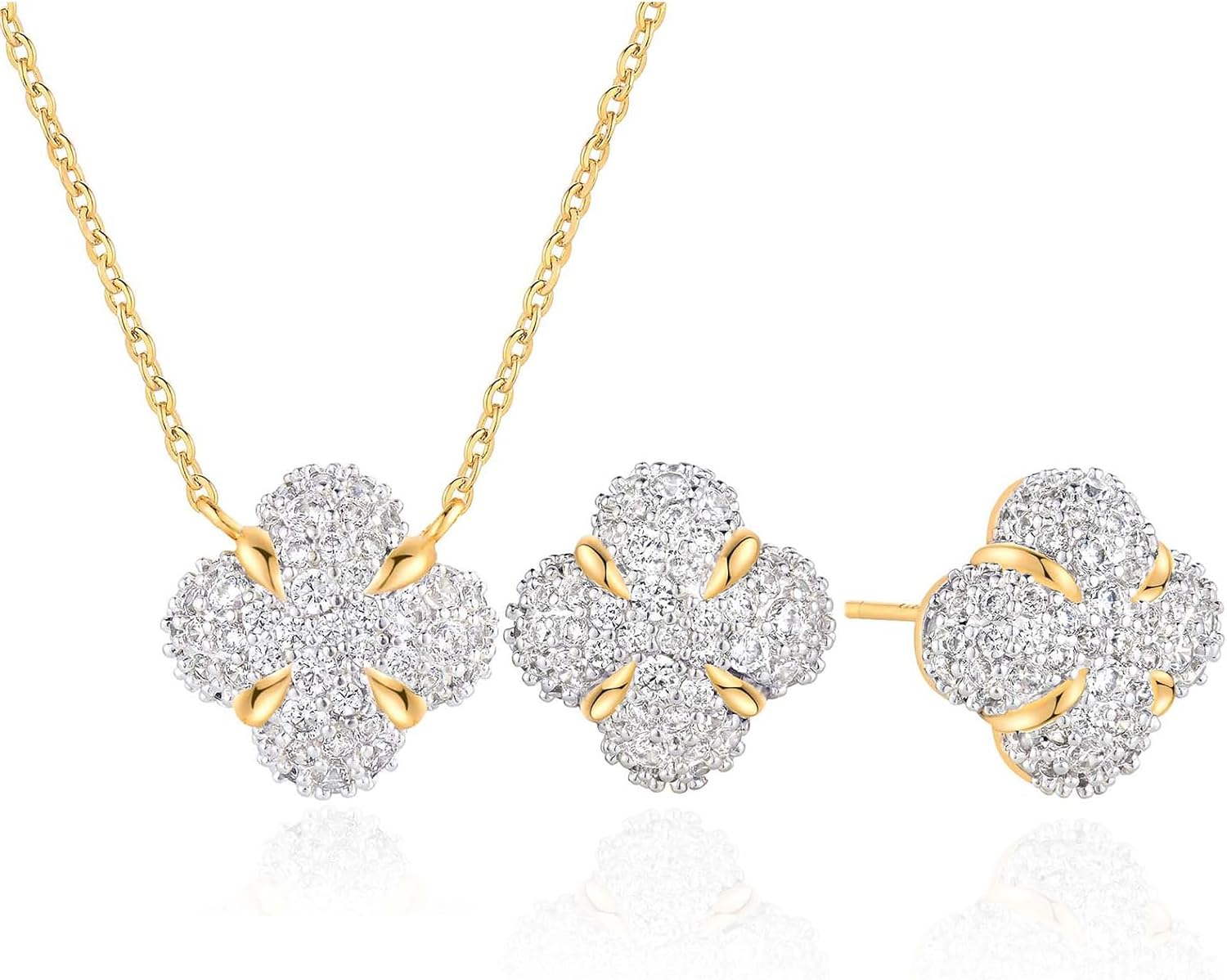 MEVECCO Dainty Gold Earrings Necklace Set For Women 18k Gold Plated Full CZ Flower Handmade Everyday Jewelry