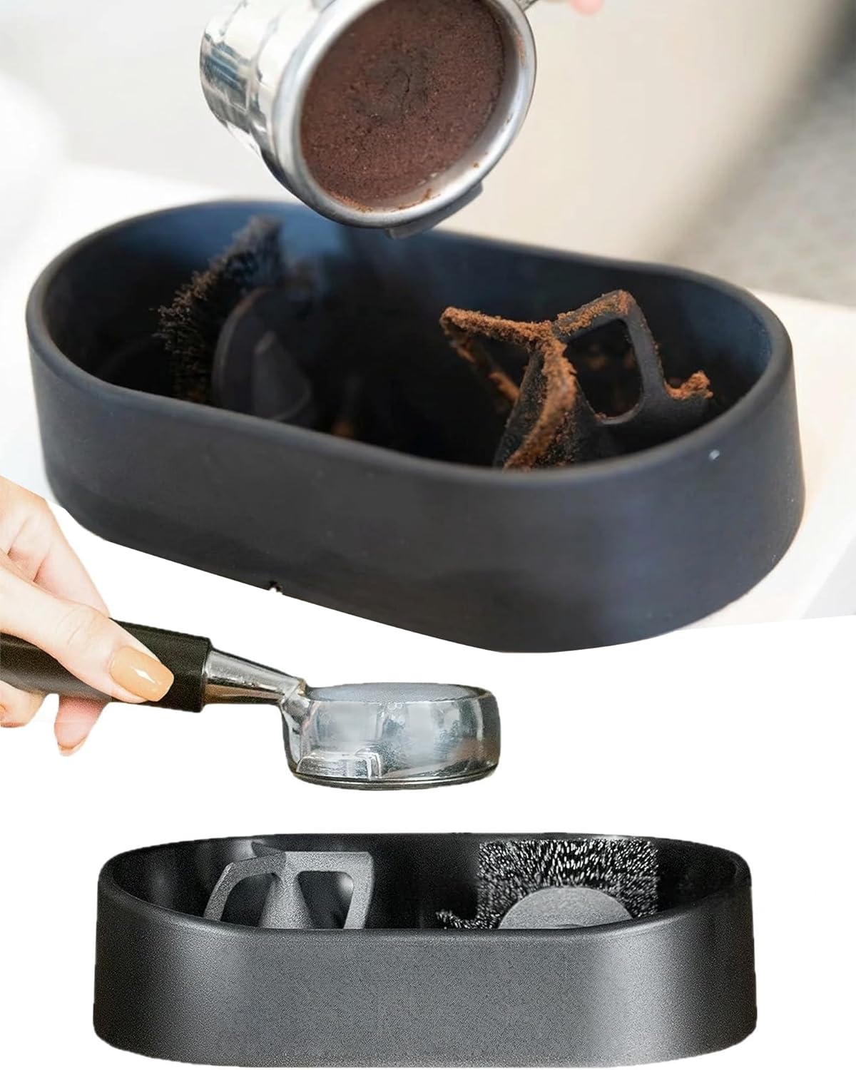 Coffee Portafilter Cleaning Kit – Electric Espresso Machine Clean Set W/Brush, Holder & Anti-Spill Grounds Tray, Automatic Knock Box Cleaner for 51/53/58mm, Easy Cleaning of Your Coffee Puck (1Pcs)