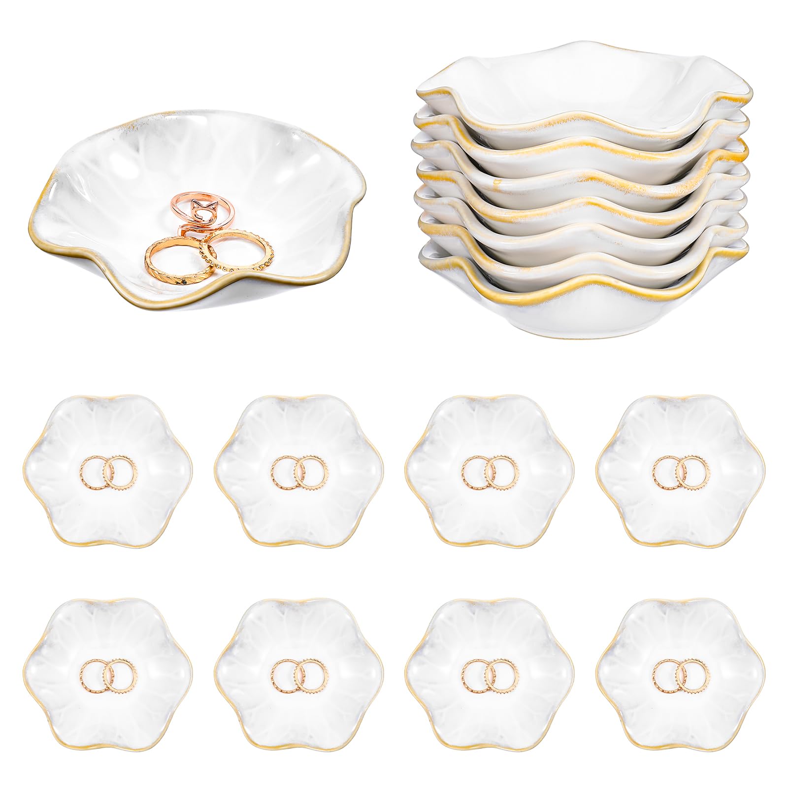 8 bandejas pequeñas de cerámica para joyas, bandeja decorativa para anillos, exquisitos platos pequeños de cerámica para aretes, anillos, llaves, bodas, cumpleaños, joyas, regalos (blanco, 4.3