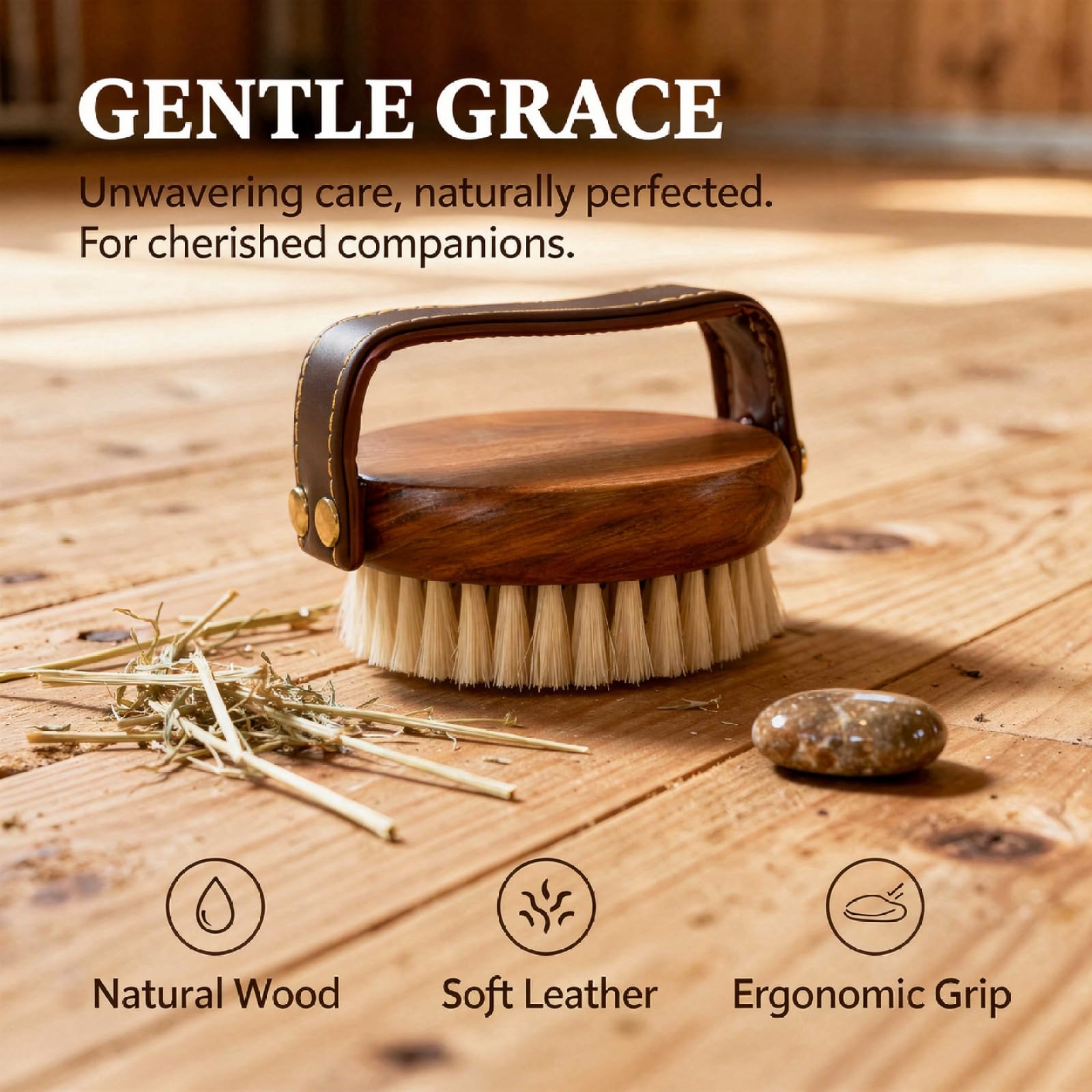 Cepillo para caballos de madera con mango de piel, cerdas suaves para eliminar la suciedad, cepillo compacto para cara y cuerpo, accesorios para el cuidado de los caballos
