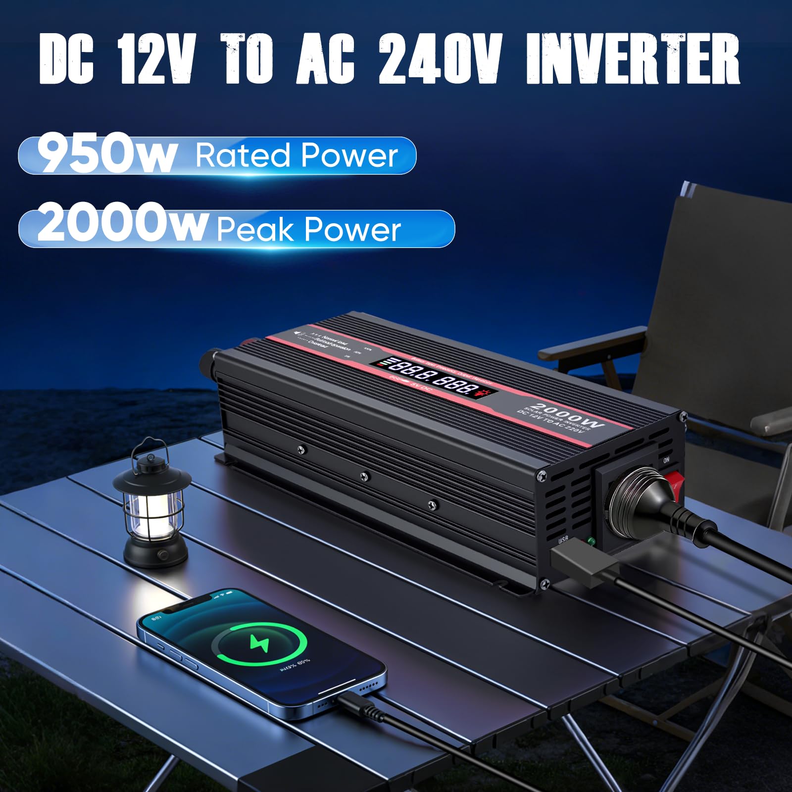 2000W Convertisseur 12V 220V/230V Pur Sinus Transformateur avec Prise EU de Courant Alternatif, Port USB, écran LCD,Allume Cigare Prise Electrique pour Voiture, Camping, Voyage, Panneau Solaire