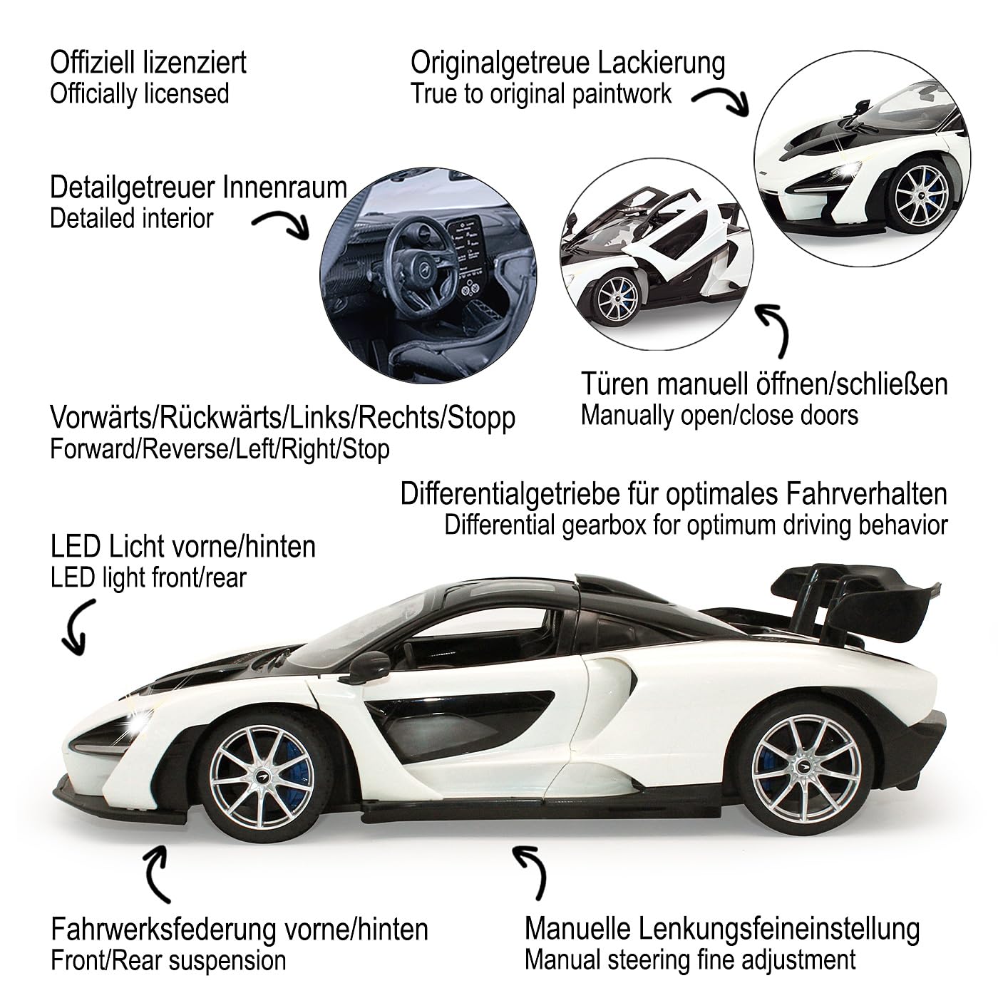 JAMARA 403118 McLaren Senna 2,4 GHz 1:14-RC samochód, oficjalnie licencjonowany, do 1 godziny jazdy samochodem, ok. 11 km/h, światło LED, ręczne otwieranie drzwi, idealnie odtworzone szczegóły,