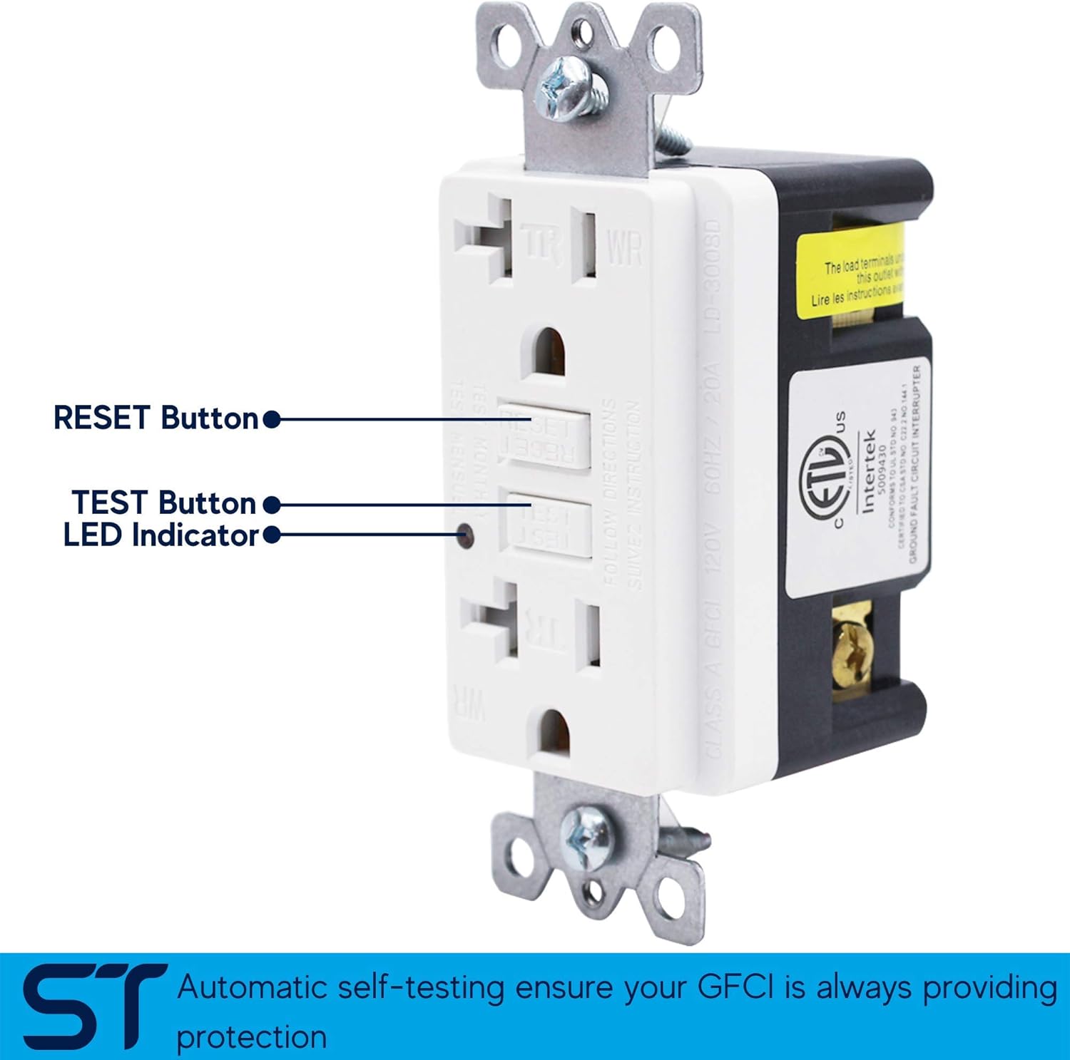 Four Bros 20-Amp GFCI Outlet, Tamper Resistant TR, Self-Test, Self-Grounding, 125V, UL Listed, White, 10 Pack