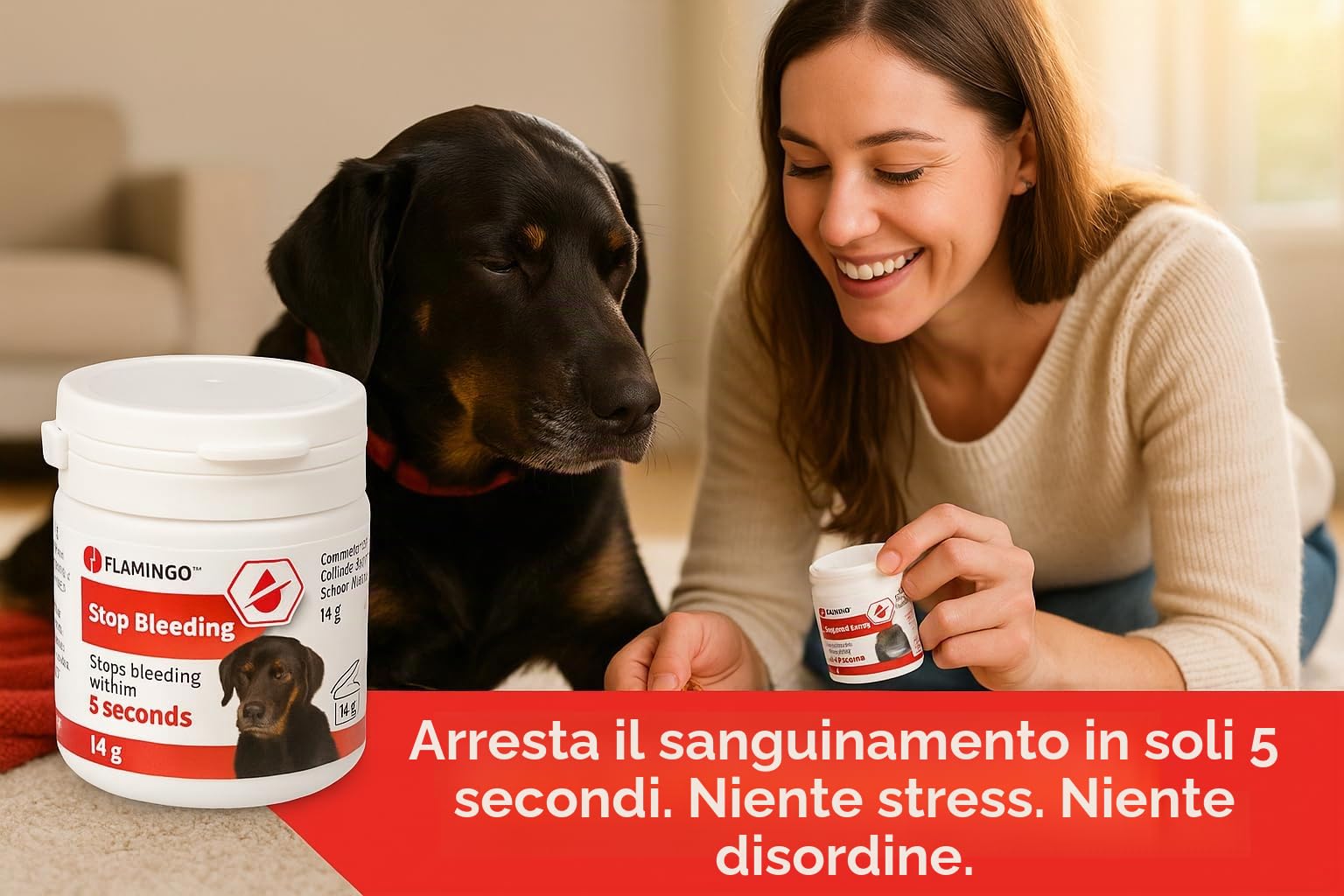 Flamingo Polvere Emostatica per Cani, Gatti e Piccoli Animali – arresta Il sanguinamento in 5 Secondi – per Unghie e ferite superficiali – Effetto lenitivo e disinfettante – Dalko