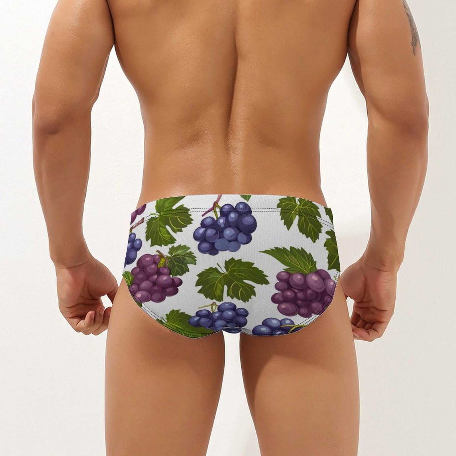 Purple Grapes with Green Leaves Mens Swim Briefs Bikini Swimwear Print Beach Shorts Sexy Swimsuit XL