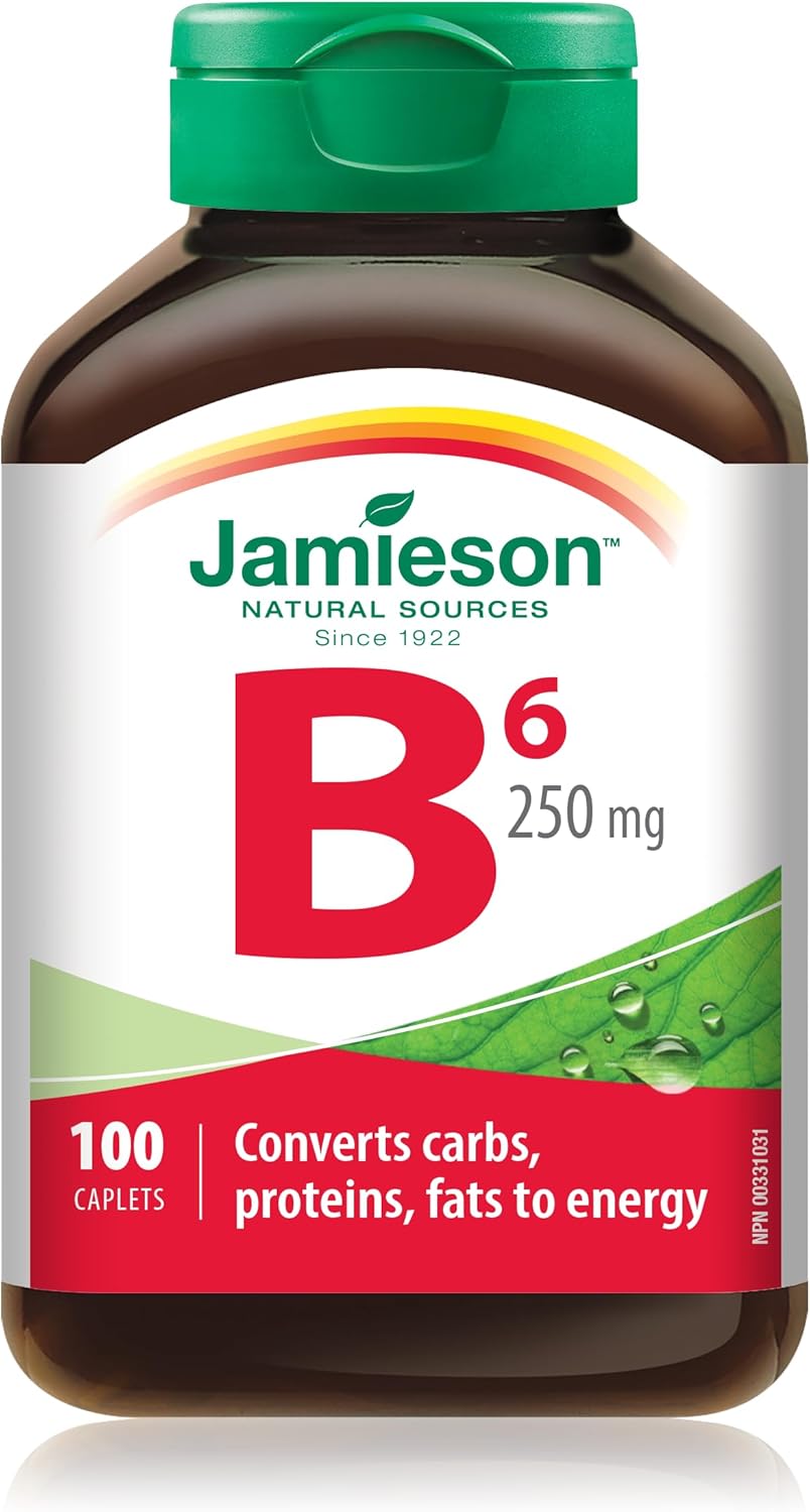 Jamieson Vitamin B6 250 mg, Pyridoxine HCl, Helps Prevent Vitamin B6 Deficiency, Supports Energy Production and Metabolism. Vegetarian, Gluten-Free, 100 Caplets, Proudly Canadian