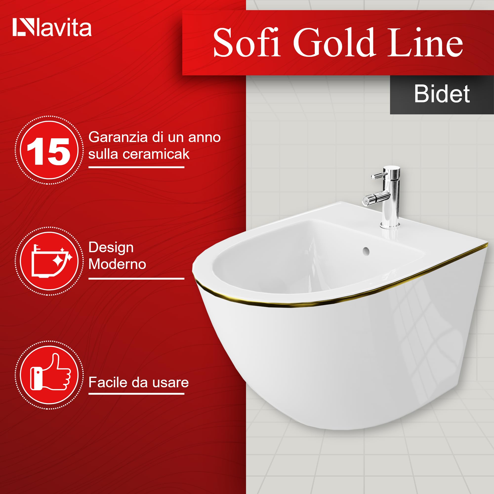 LAVITA Bidet universale da parete Sofi Gold Line con foro per rubinetto e protezione per troppopieno in ceramica, lavabo bidet per montaggio a parete, igienico e facile da pulire, 36,5 x 49 x 32,5 cm
