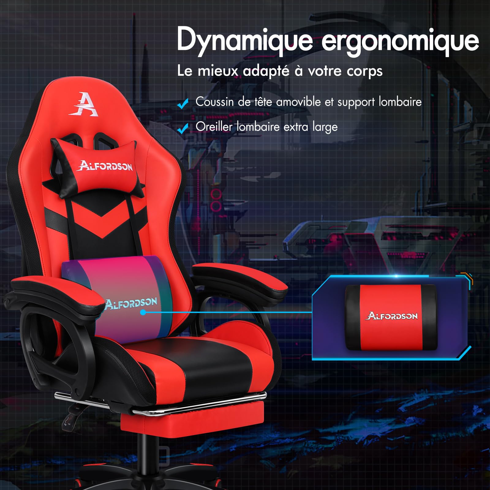 ALFORDSON LED Chaise Gaming, Siege Gaming avec Massage 8 Points, Fauteuil de Gaming Pivotant Ergonomique avec Éclairage RVB avec Support Lombaire et Appui-Tête, Hauteur Réglable, Rouge