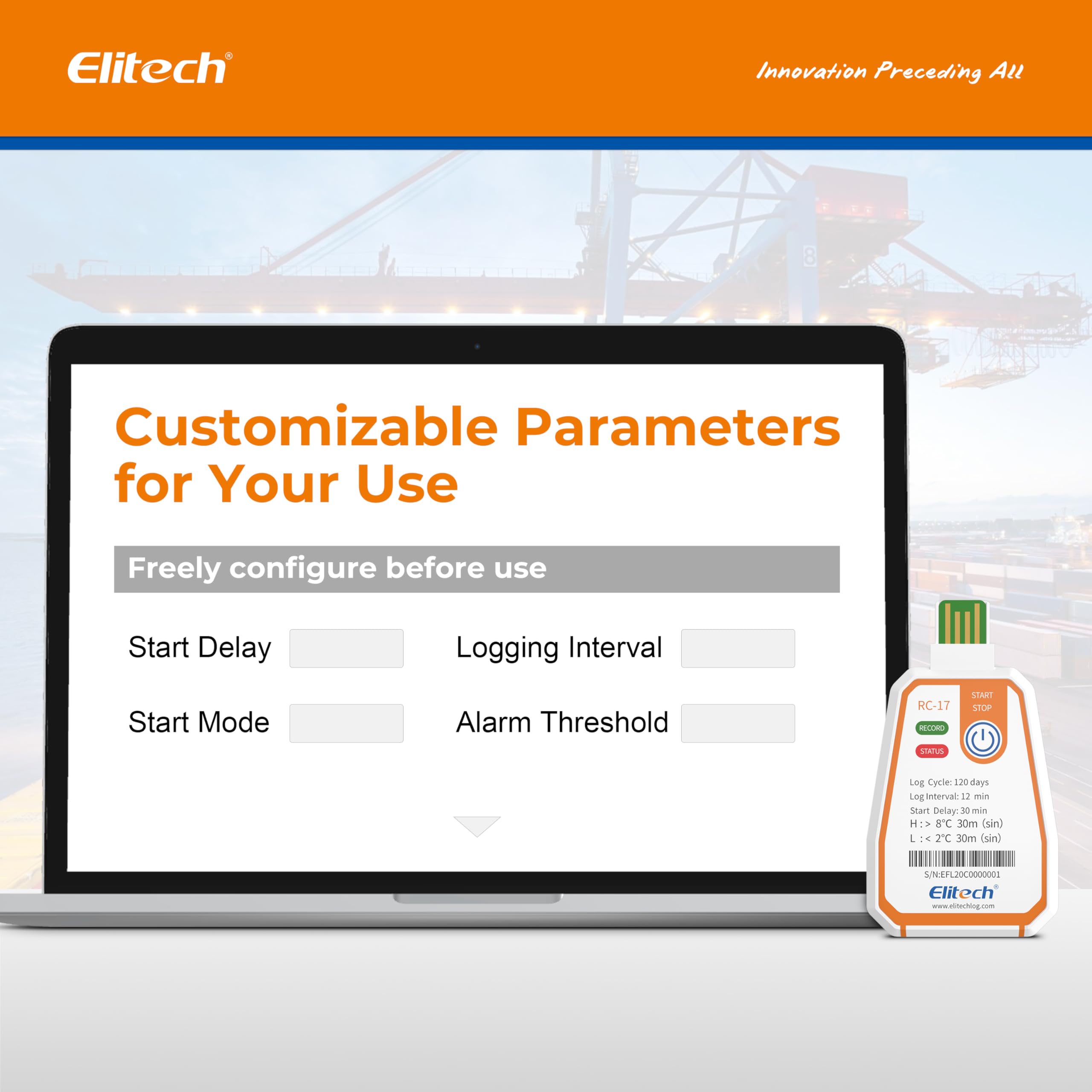 Elitech Enregistreur de Température USB à Usage Unique RC-17 5Pcs, Paramètres Réglables, Enregistrement 120 Jours pour Chaîne du Froid Aliments Médicaments, Étanche IP67, Export Auto PDF