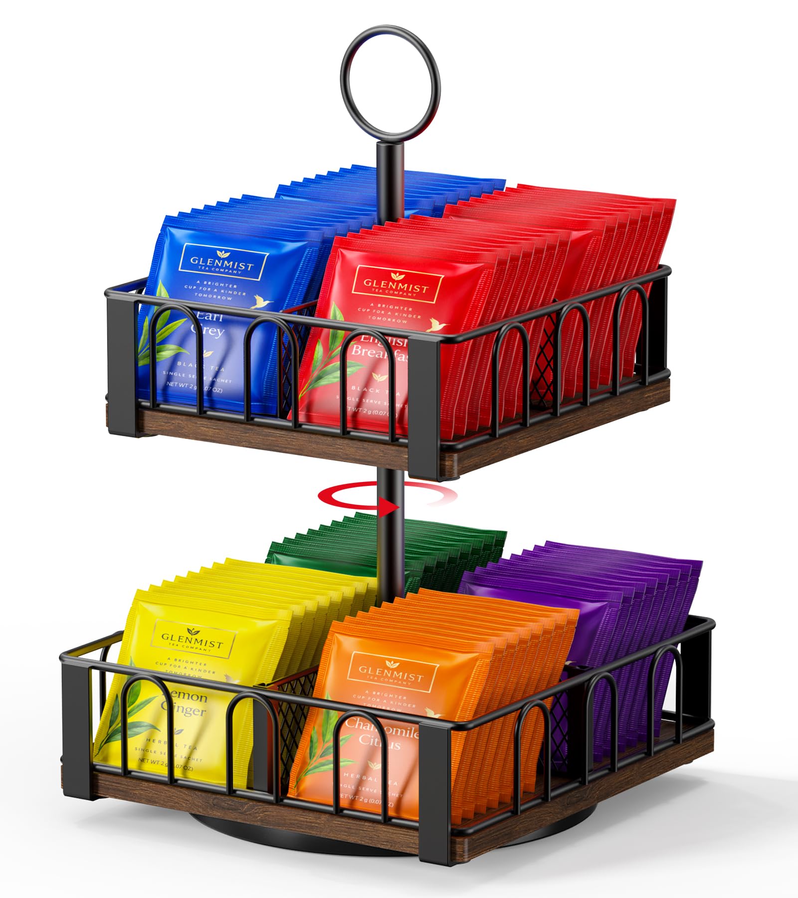 THYGIFTREE Rotating Tea Bag Organiser, 2 Tier Wooden & Metal Rack — image 1