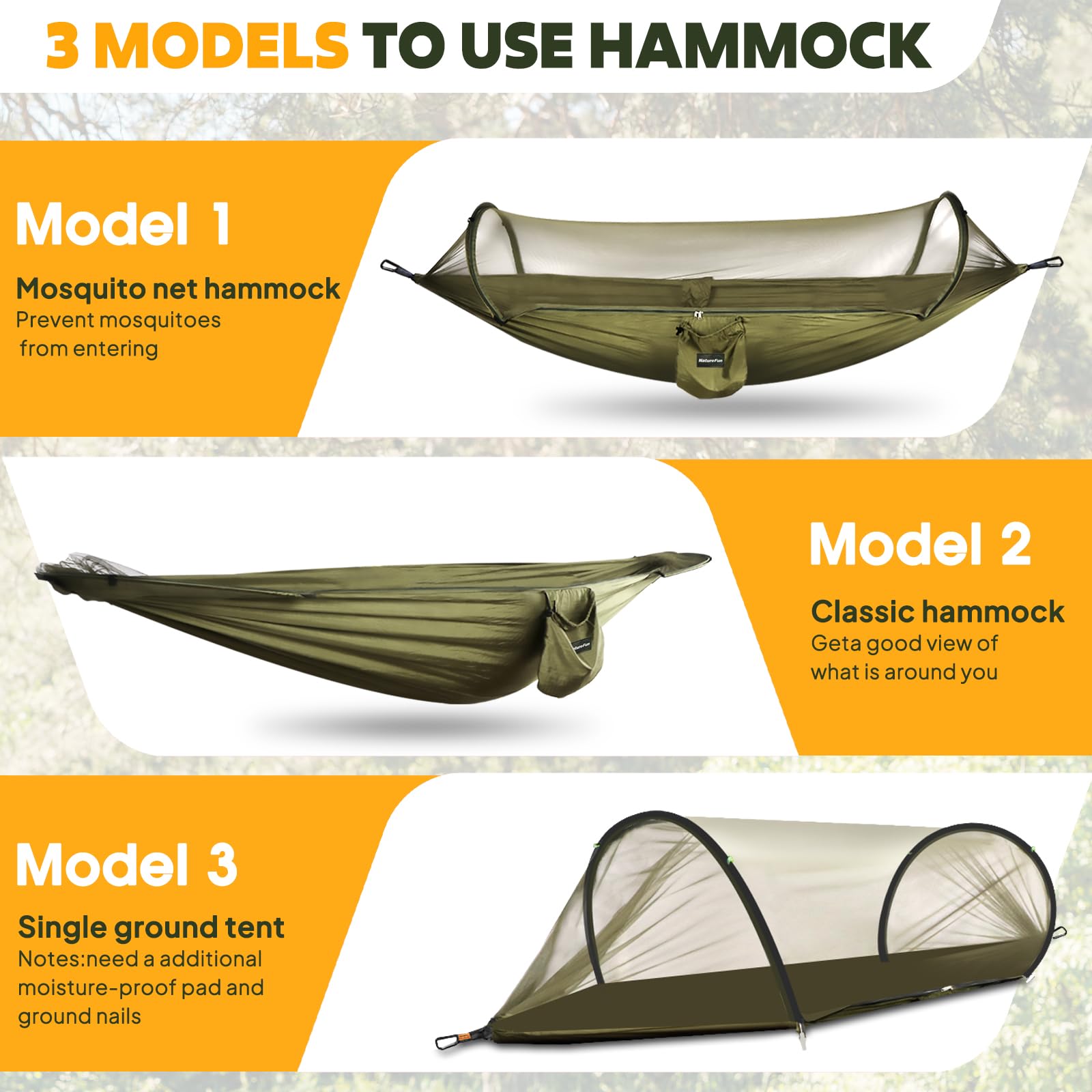 NATUREFUN Ultra-Light Reisecamping Hängematte Moskitonetz Hängematte | 300 kg Tragkraft, atmungsaktiv Schnelltrocknendes Fallschirm-Nylon | 2 Premium Karabiner, 2 Nylonschlingen inklusive