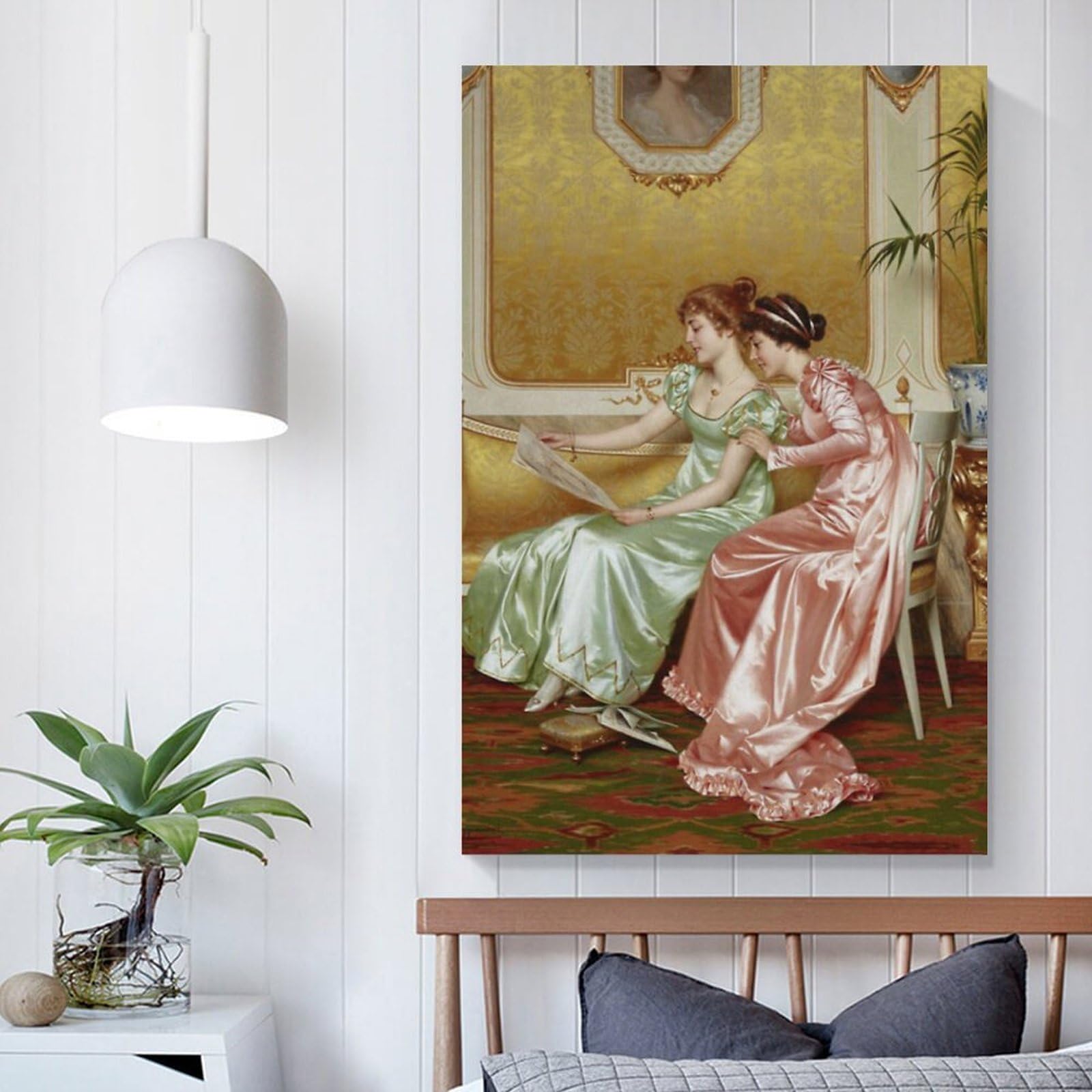 Vittorio Reggianini - Dos elegantes damas jóvenes en un interior examinando una revista, póster de lienzo, póster de pared, impresión artística para el hogar, decoración moderna, 60 x 90 cm