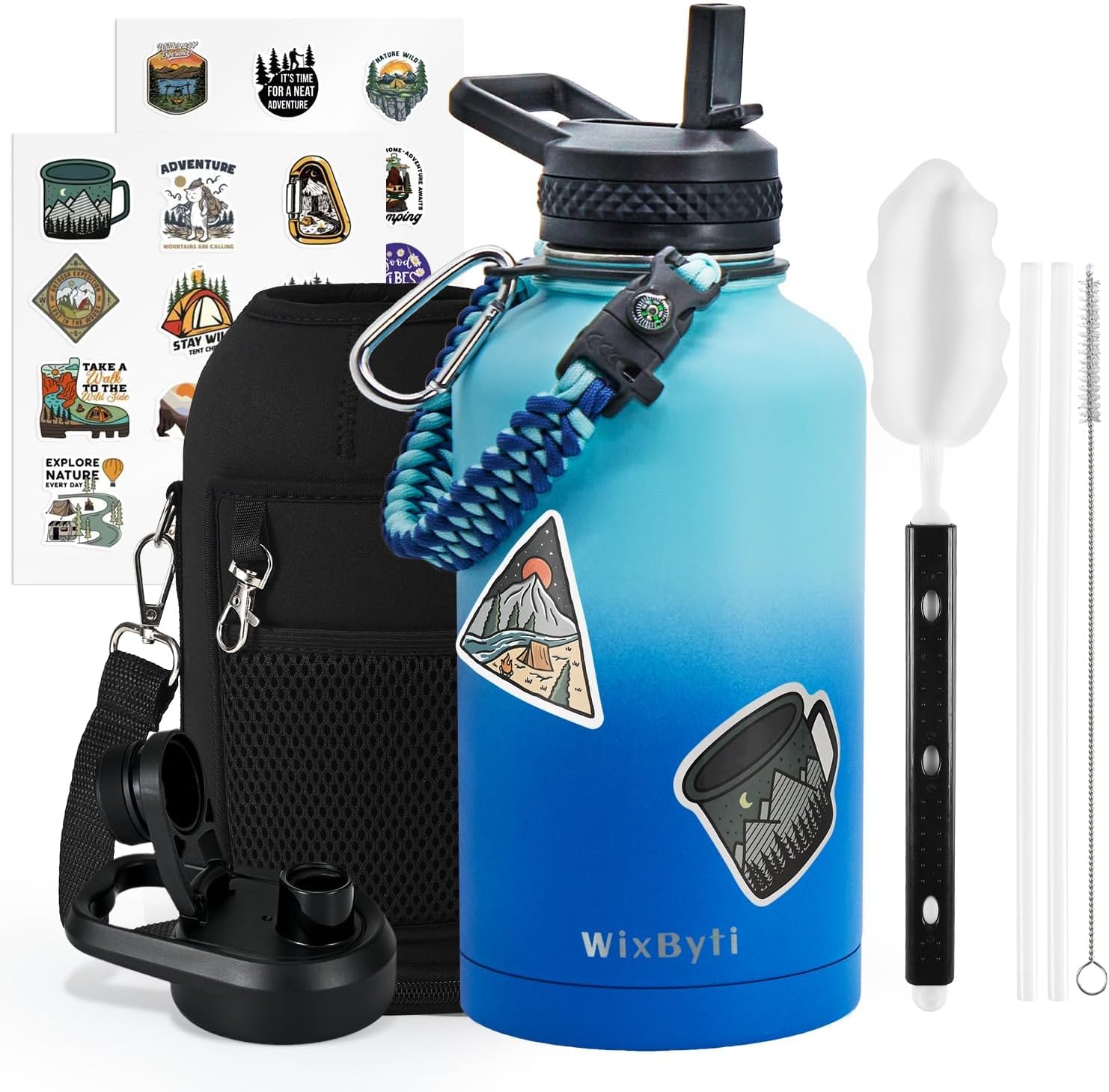 WixByti 64 oz Insulated Water Bottle with Straw (Cold for 48 Hrs), Half Gallon Stainless Steel Triple Wall Vacuum Sports Water Jug, Leakproof Hydro Cup Flask with Straw Spout Lids & DIY Stickers