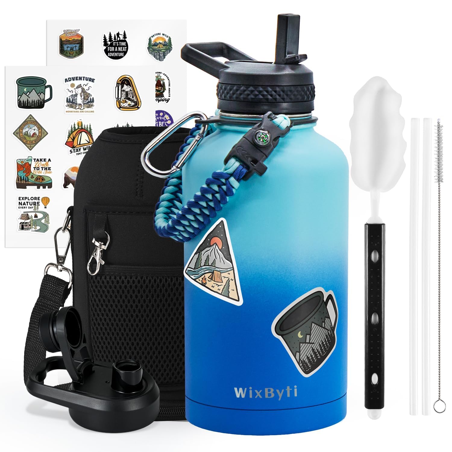 WixByti 64 oz Insulated Water Bottle with Straw (Cold for 48 Hrs), Half Gallon Stainless Steel Triple Wall Vacuum Sports Water Jug, Leakproof Hydro