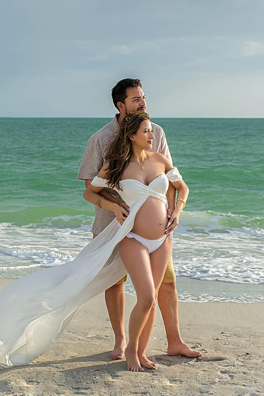 ZIUMUDY Maternity Dress for Photoshoot Photography Split Front Sheer Chiffon Off Shoulder Maternity Gown