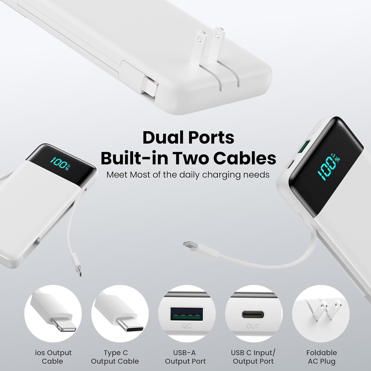 Portable Charger with Built-in AC Plug and Cables,13800mAh All in One USB C Fast Charging Power Bank,Travel Essentials Portable Phone Charger Battery Pack for iPhone 17/16/15/14,Galaxy,Android-White