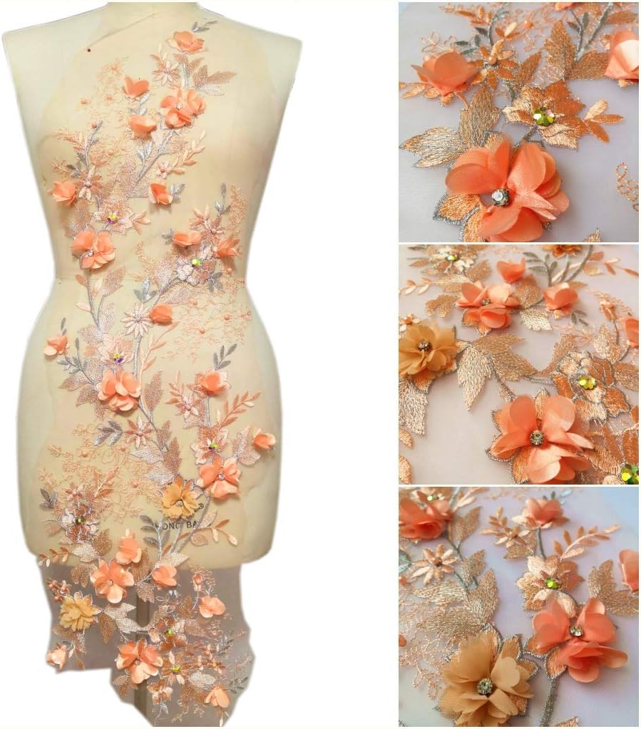 3D Long Lace Applique Motif Sewing Rhinestone Fabrics African French Fabric for Wedding Dress (A)