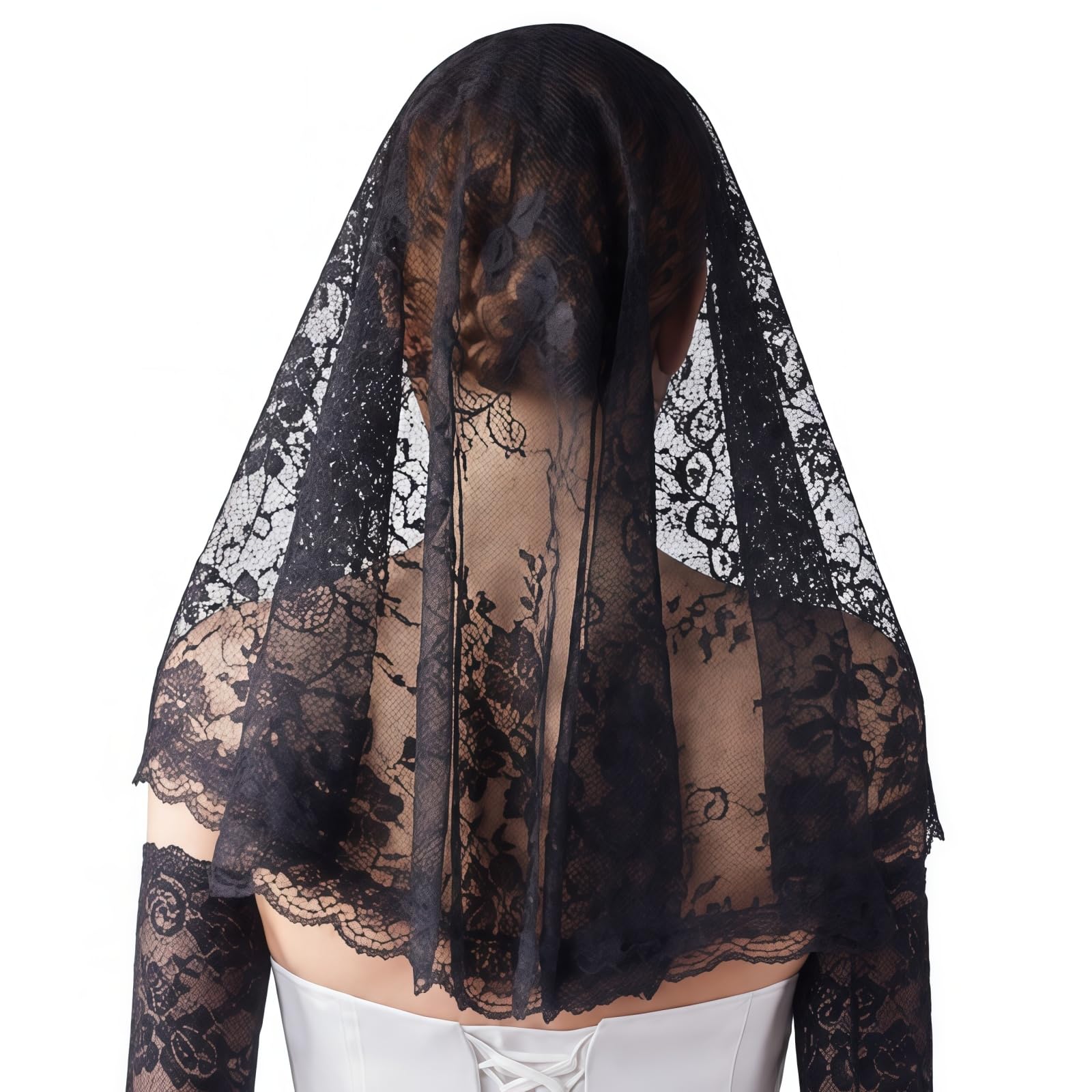MANJIAMEI Black Lace Mantilla Veil Floral Catholic Church Chapel Veil Short Head Covering Latin Veils for Mass Wedding Party Holy Communion Religious Ceremony Head Cover