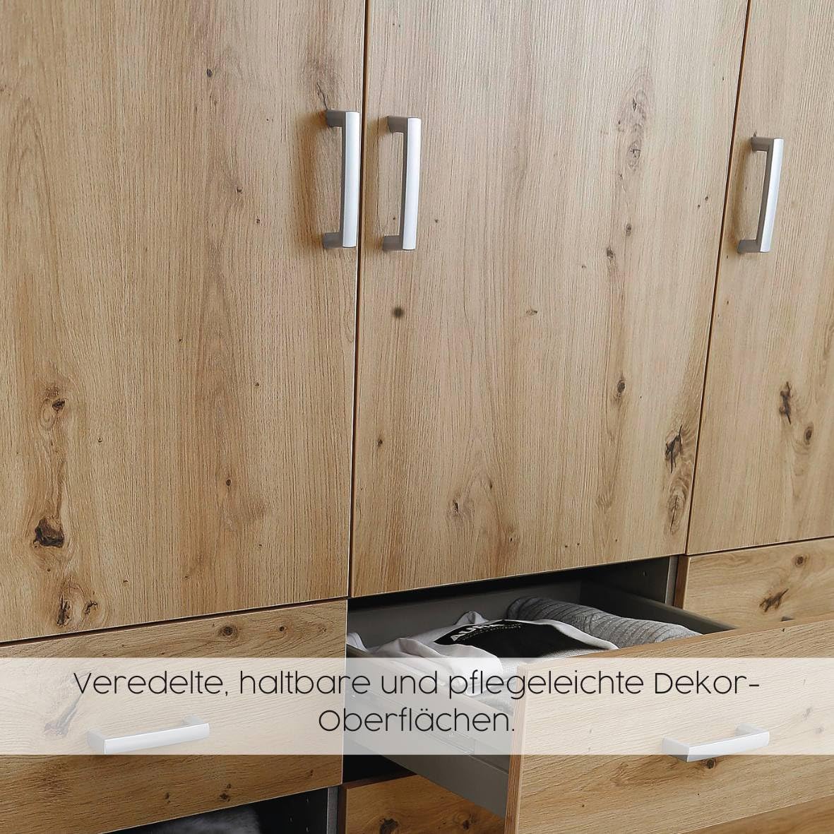 Rauch Möbel Nabila Kleiderschrank für Schlafzimmer, Kinderzimmer, Jugendzimmer, Flur, 4-türig, Push-to-Open, mit Zubehör Classic, Farbe Weiß, Breite 187 cm