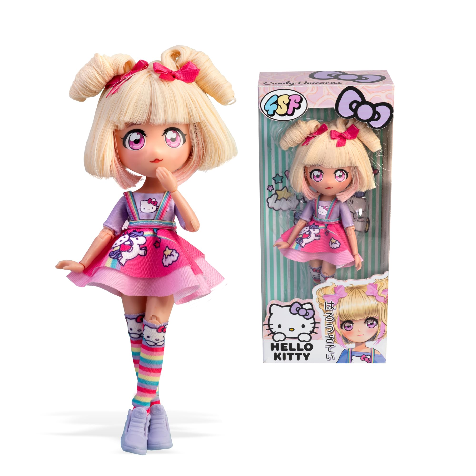 4SF - Hello Kitty Manga Doll Candy Unicorn, Muñeca Fashion Japonesa con Looks a la Moda Manga, Figura de 19,5 cm con 15 Puntos de Articulación, Pelo Rubio, Accesorios Incluidos, Famosa (HKTF0400)