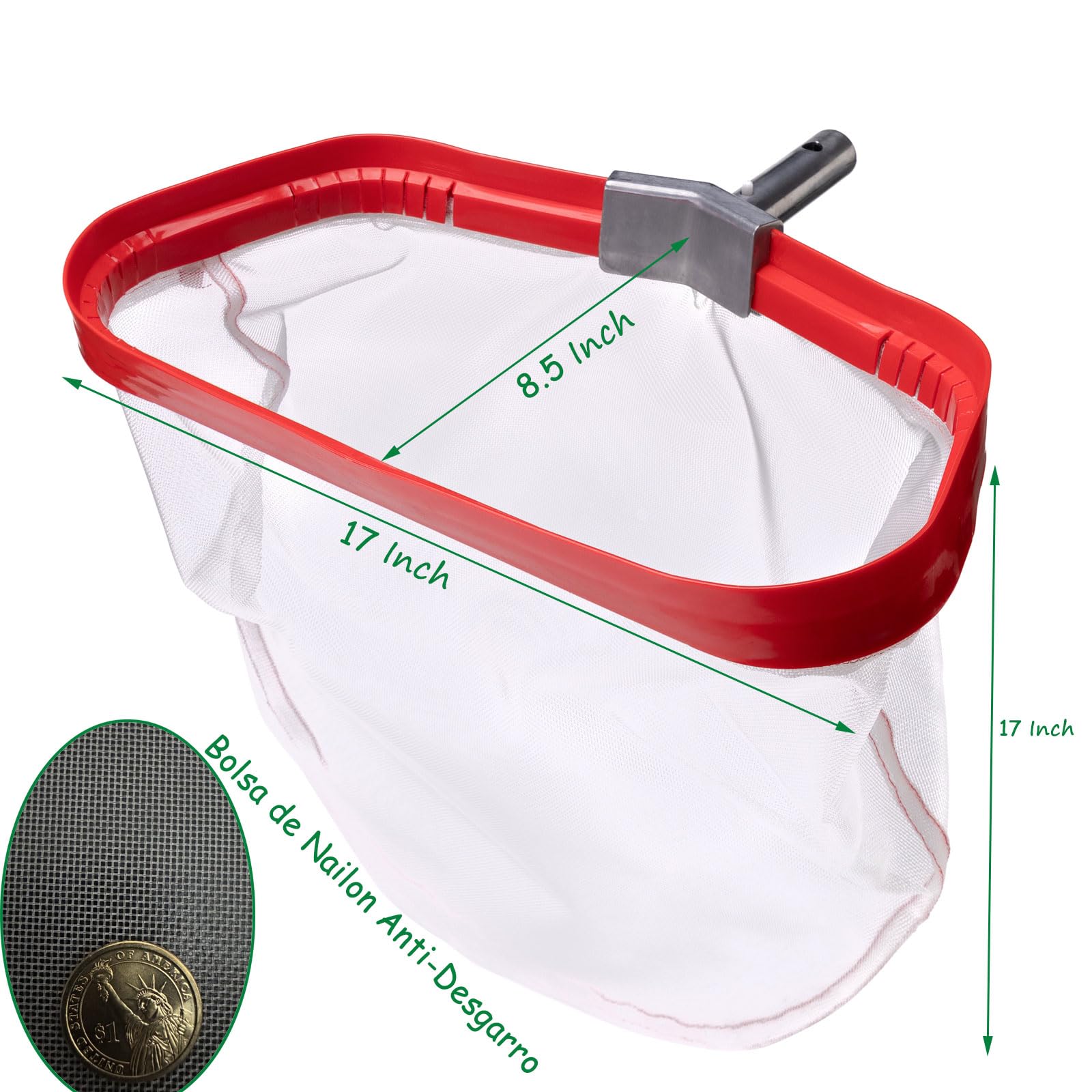Profesional RecogeHojas Piscina, Carga Pesado Rastrillo para Estanque con Marco de Aluminio, Bolsa de Red de Nailon Anti Desgarro para Recoge Hojas Mojado Ramas, Pool Rake Skimmer Net