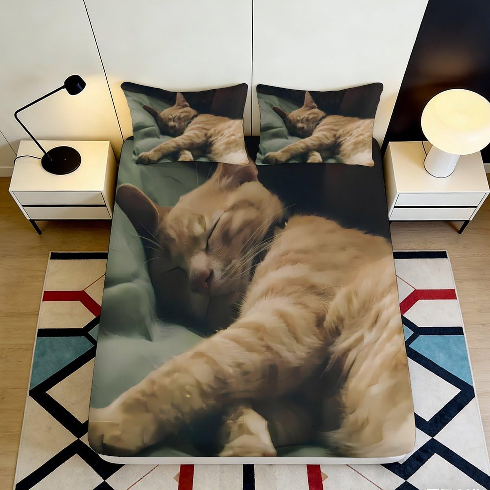 Pnayamiorkfel Style-1 3D Printed Sleeping Cat Fitted Sheet Microfiber Soft Anti-Slip Cute Kitten Bed Cover For Bedroom Guest Room Decor 90X200x25cm
