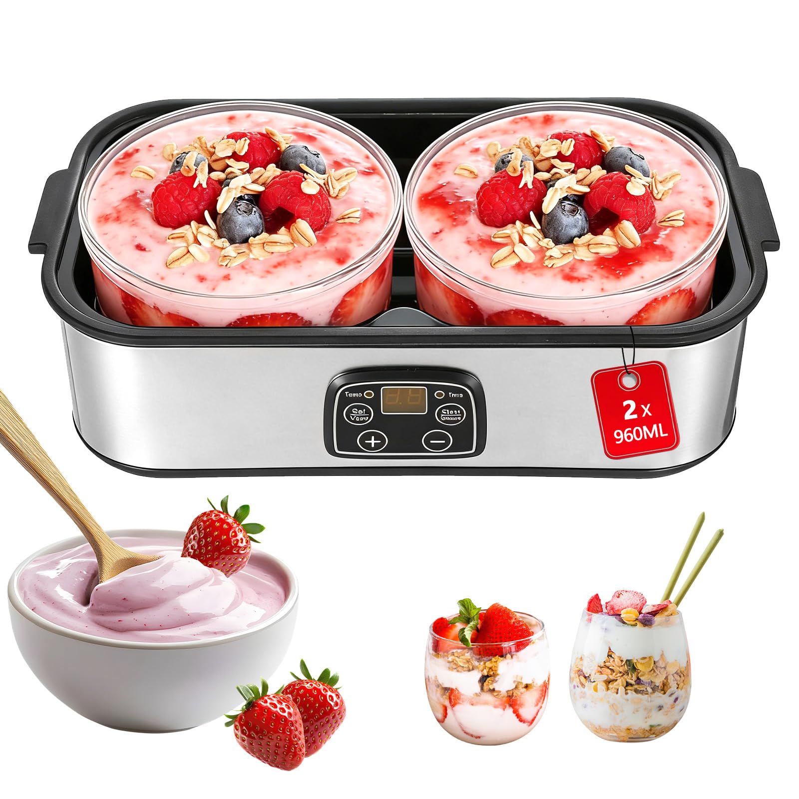 Joghurtbereiter 2L, Joghurt Machine, Digitale Joghurtmaschine aus Edelstahl, Automatischer Joghurt Maker für DIY selbstgemachten Joghurt, Käse oder Natto zu Hause (2 x 1L Gläsern)