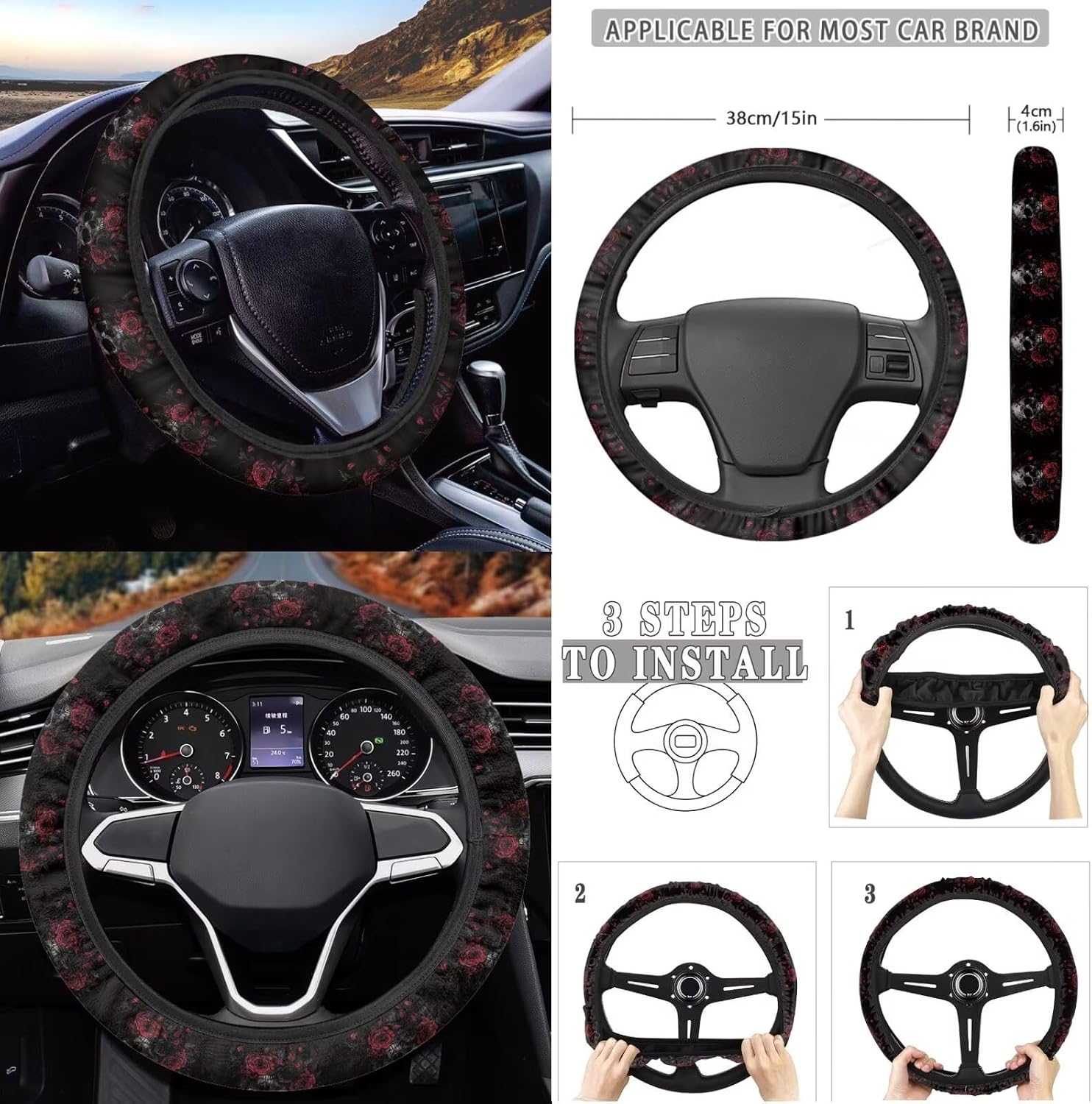 Skull Rose 13 PCS Car Seat Covers Full Set with Steering Wheel Cover Seatbelt Pads Car Trash Bin Coasters Front Rear View Mirror Cover Keychains