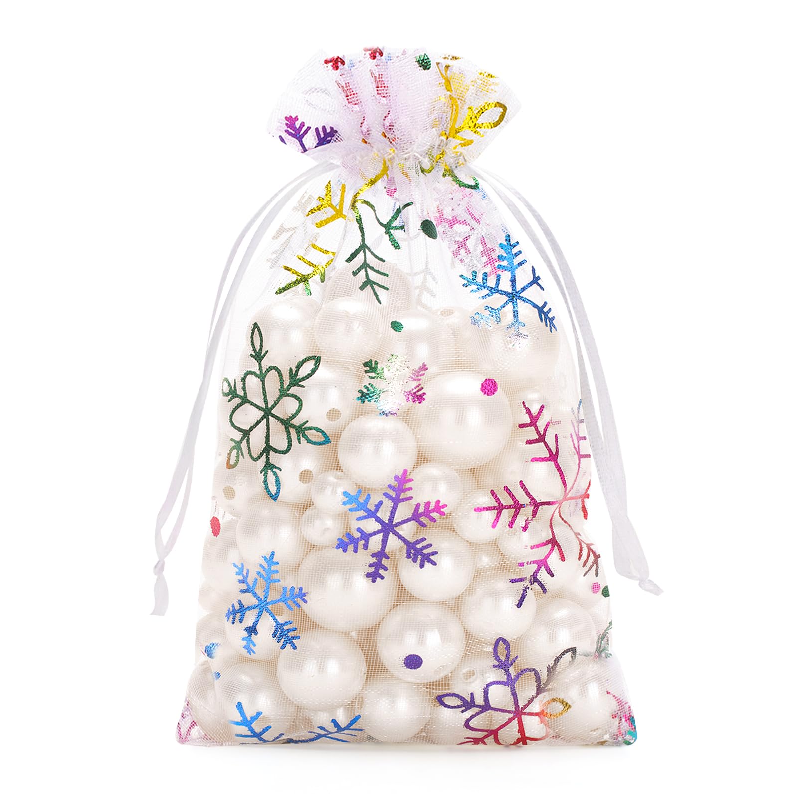 G2PLUS 50 PCS Colorful Christmas Organza Bags, 10x15 cm Snowflake Favour Pouches for Presents, Reindeer Food, Advent Calendars and Xmas Gifts