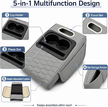 5 in 1 Car Armrest Cushion Pad with Cup Holders - Gray