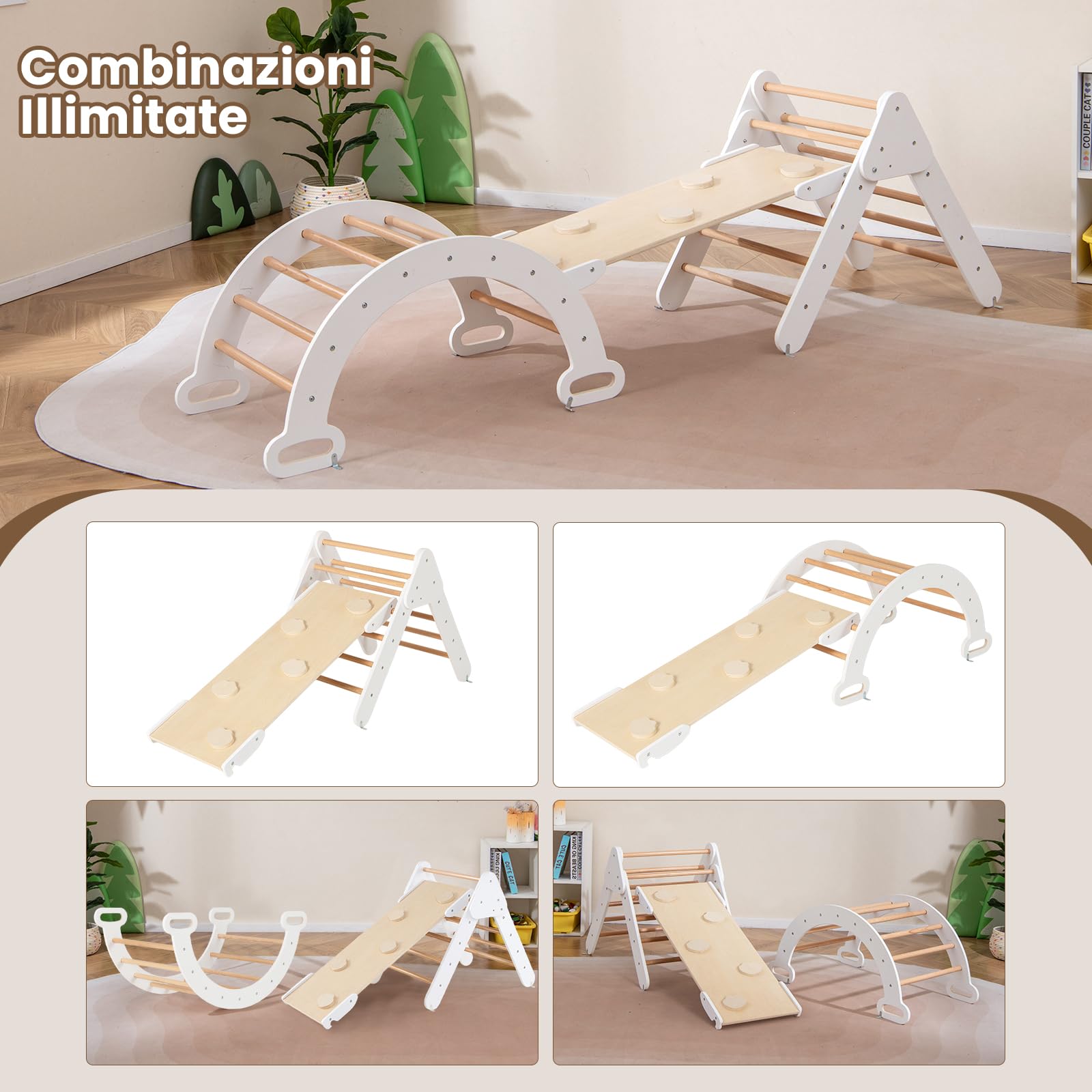 RELAX4LIFE 4 in 1 Triangolo da Arrampicata con Scivolo per Bambini, Arco da Arrampicata e Scala per Arrampicarsi in Legno, Montessori Giocattoli Bimbi 2 3 4 5 Anni